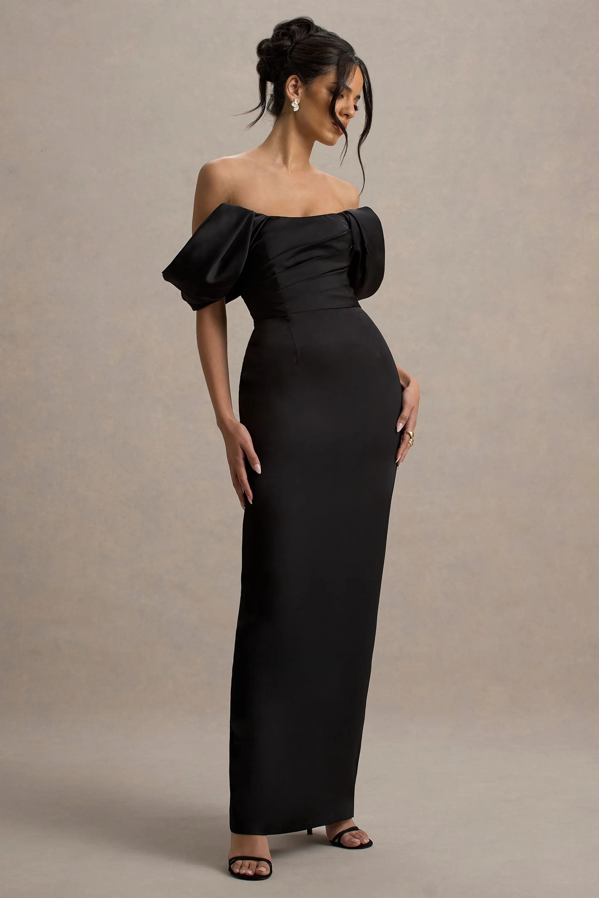 Annita | Black Satin Bardot Maxi Dress Club L London