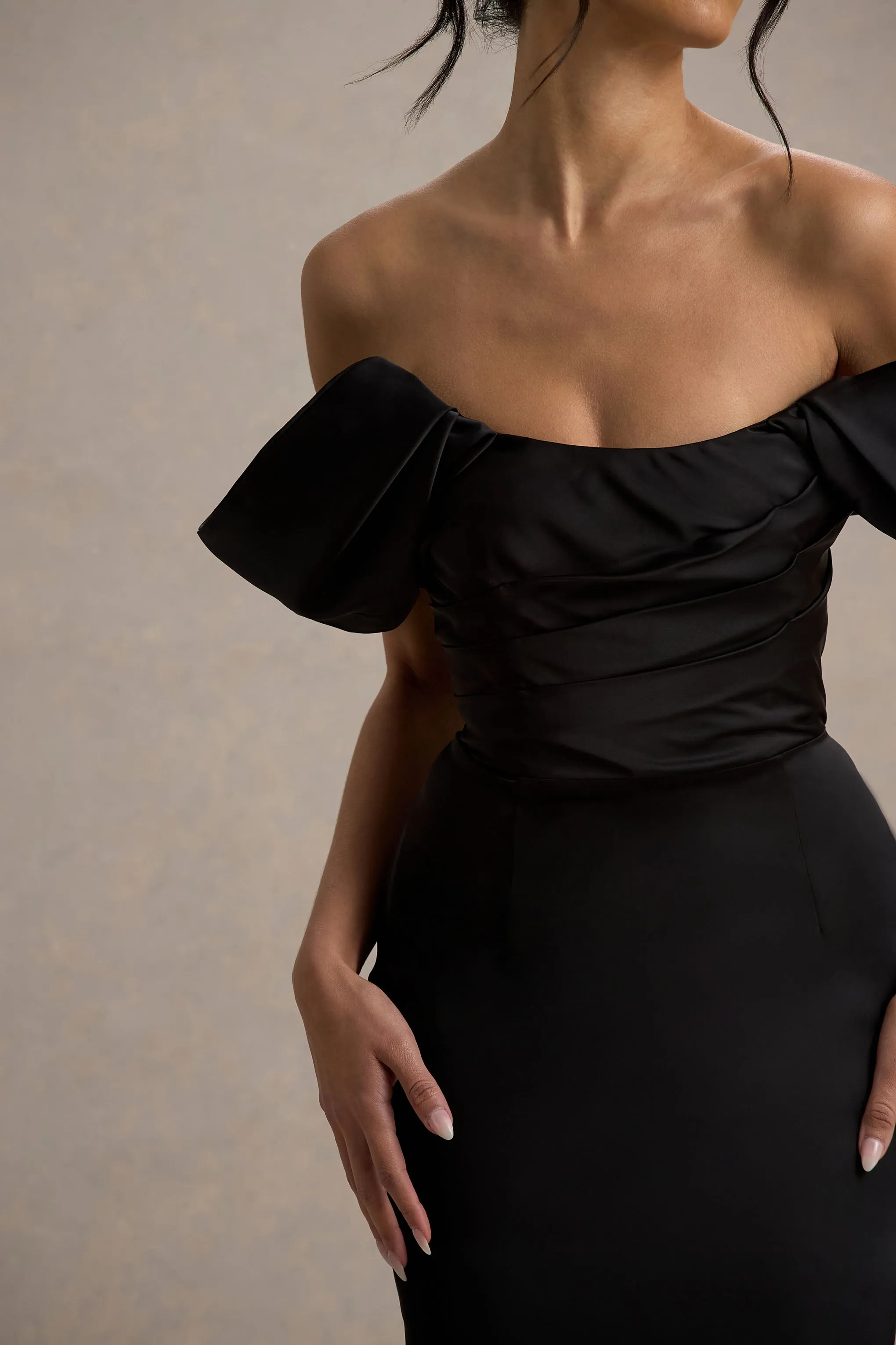 Annita | Black Satin Bardot Maxi Dress Club L London