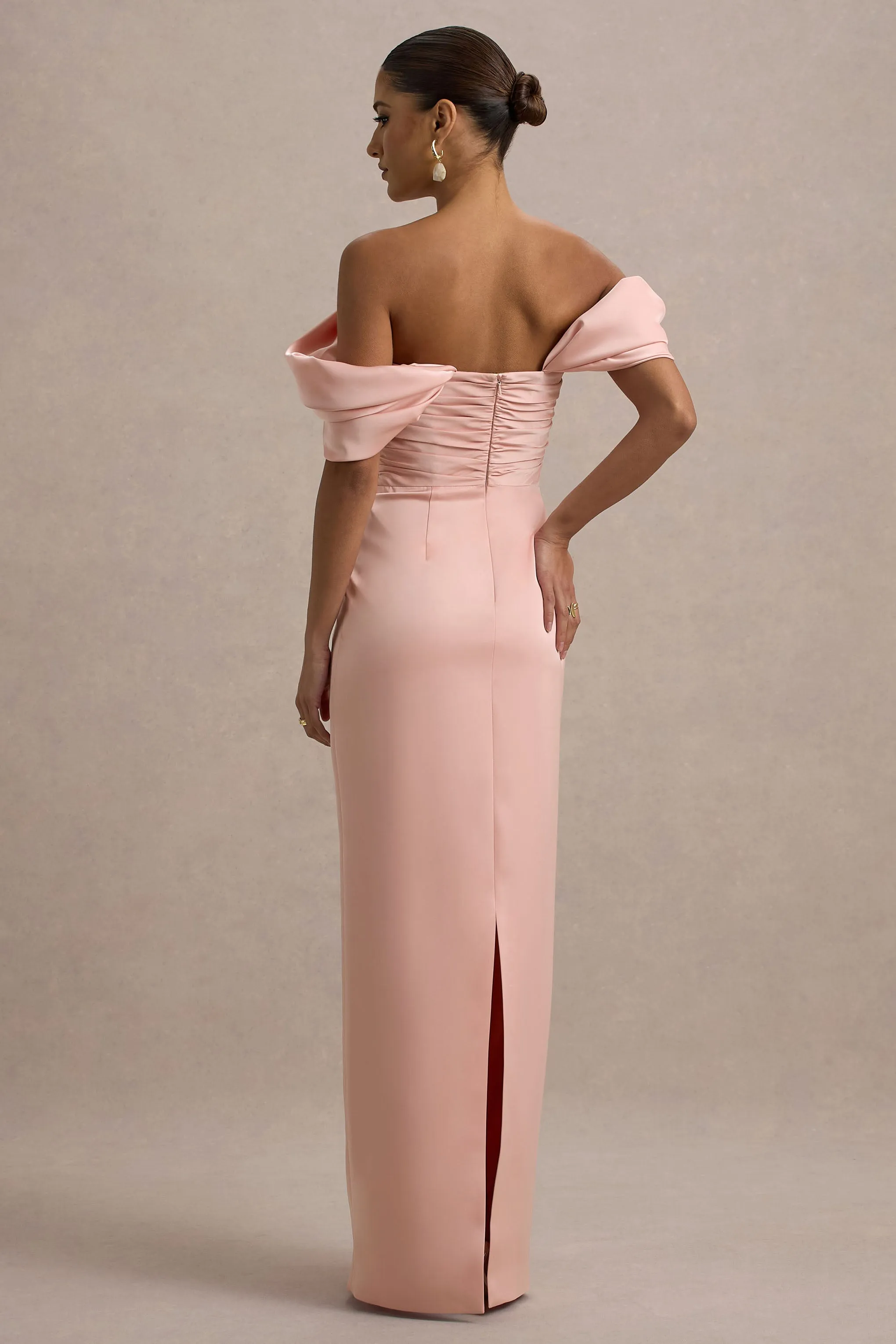 Annita | Light Pink Satin Bardot Maxi Dress Club L London