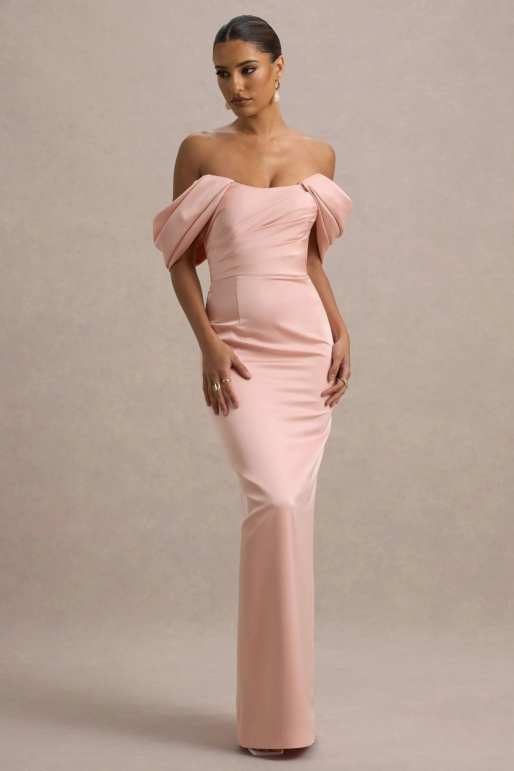 Annita | Light Pink Satin Bardot Maxi Dress Club L London
