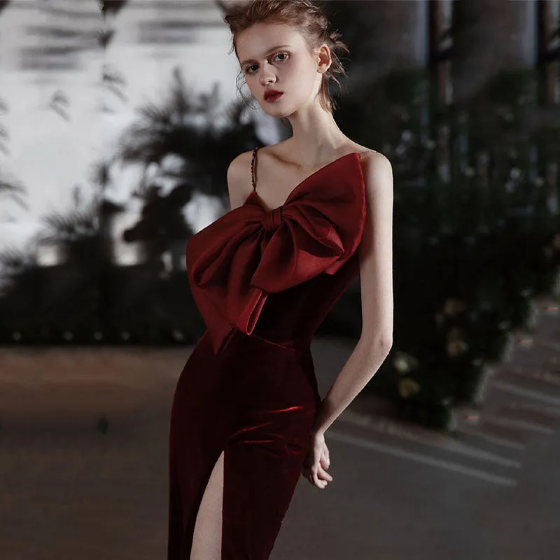 Bestseller Front Bowknot Velvet Slit Dress  Almost Sold Out!