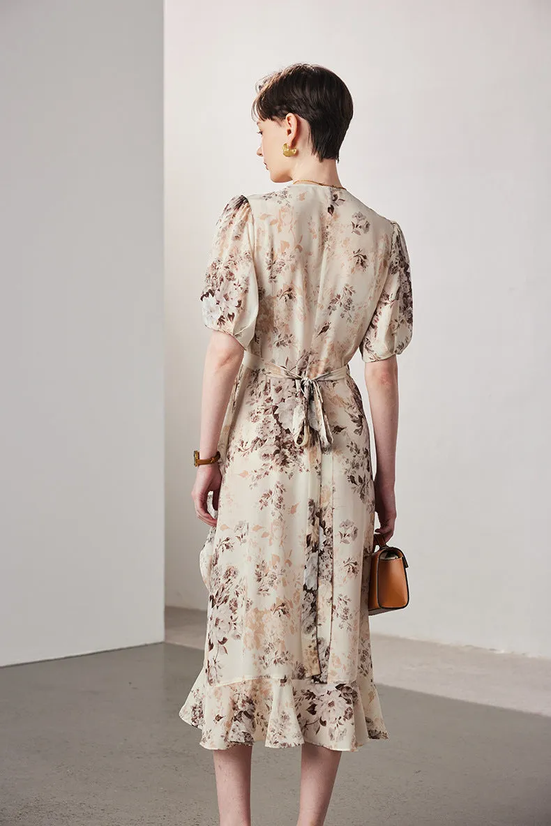 BestSelling Vintage Elegant Floral Printing Pleated Silk V-Neck Dress  Limited Stock!