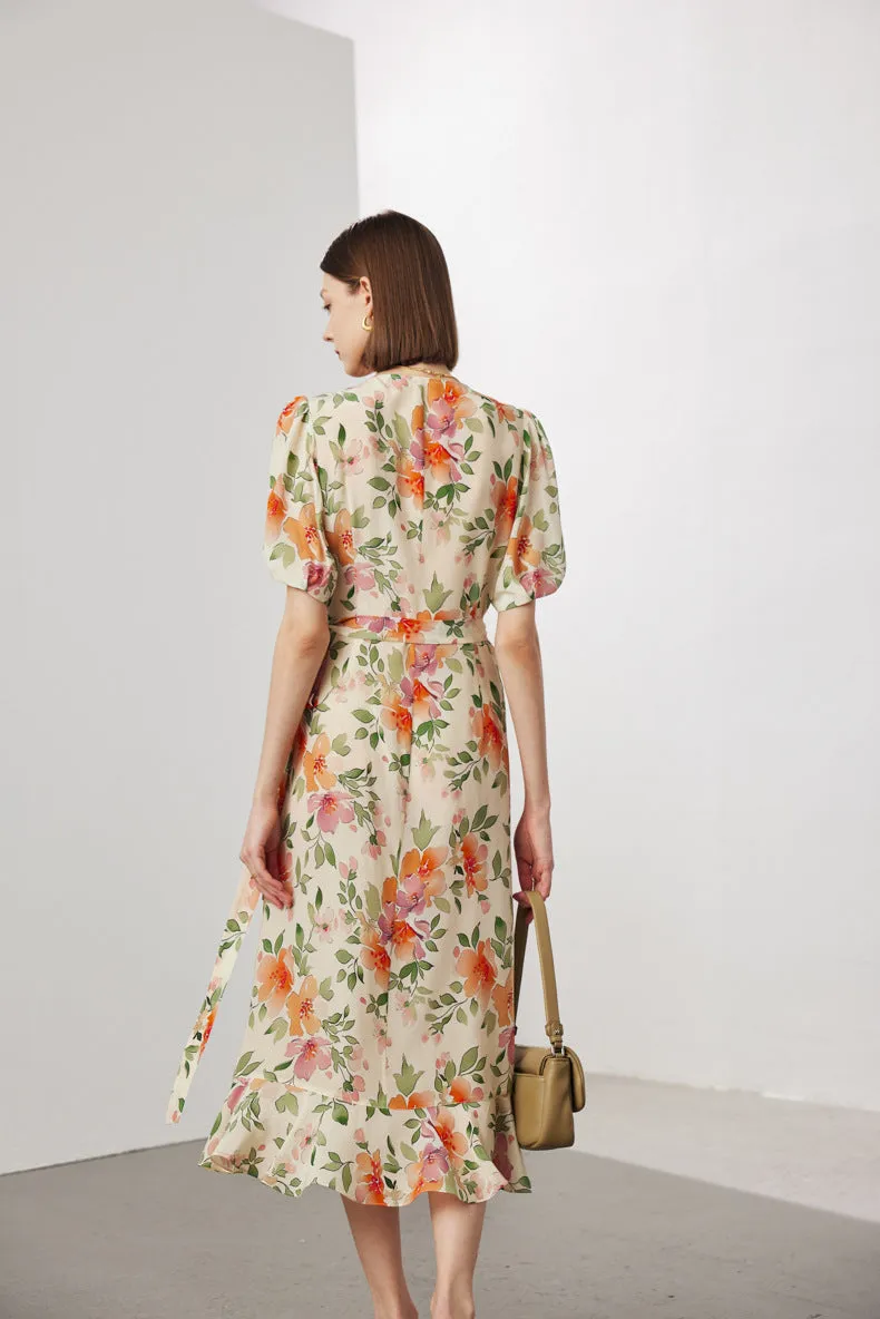 BestSelling Vintage Elegant Floral Printing Pleated Silk V-Neck Dress  Limited Stock!