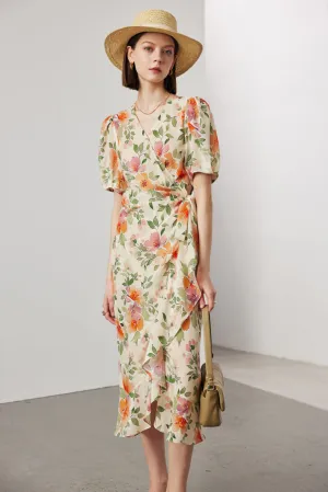 BestSelling Vintage Elegant Floral Printing Pleated Silk V-Neck Dress  Limited Stock!
