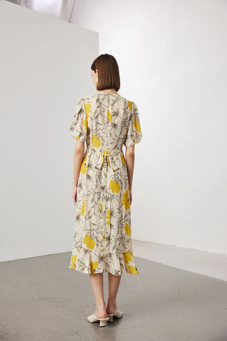 BestSelling Vintage Elegant Floral Printing Pleated Silk V-Neck Dress  Limited Stock!