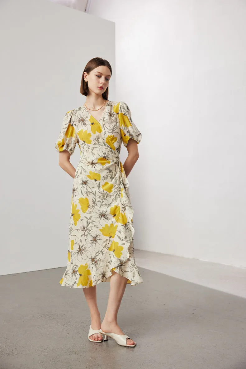 BestSelling Vintage Elegant Floral Printing Pleated Silk V-Neck Dress  Limited Stock!