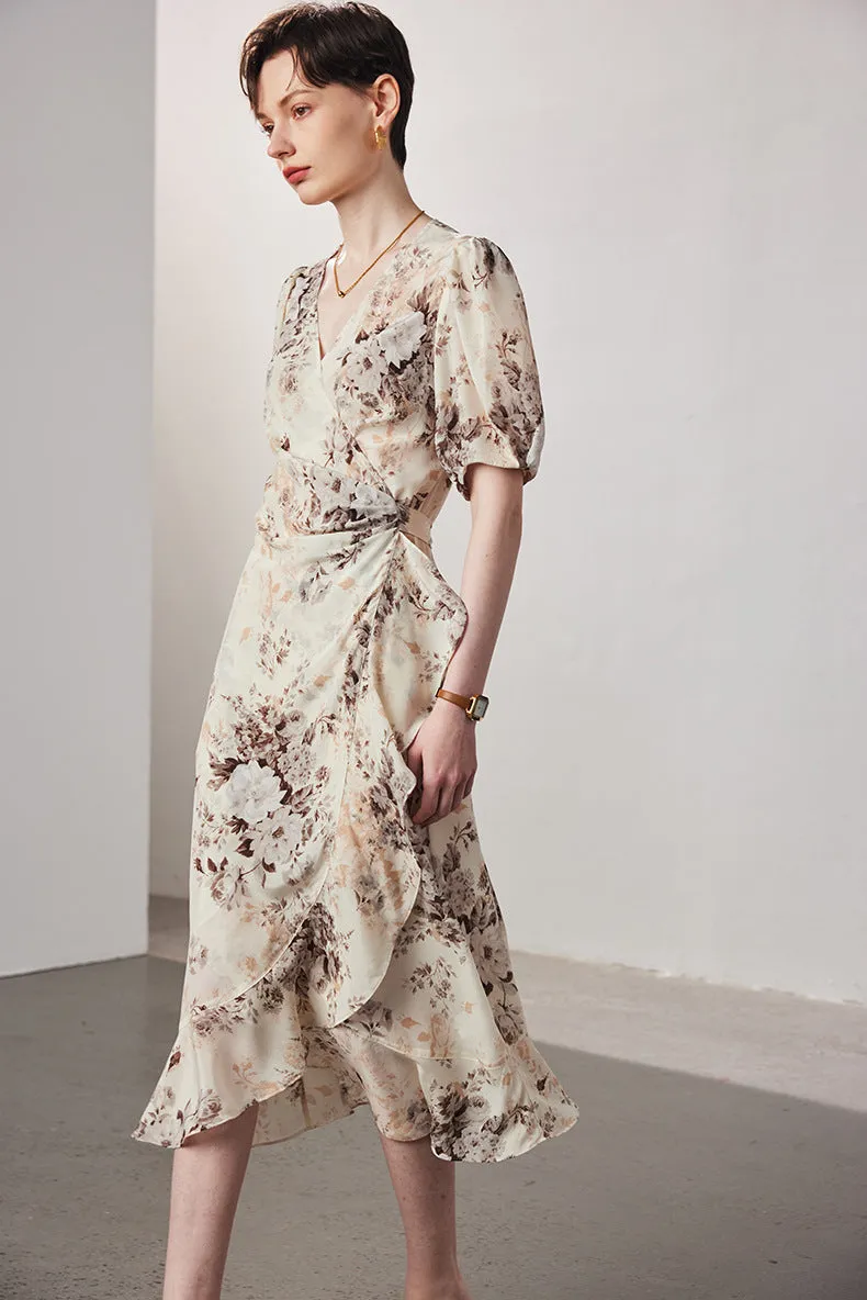 BestSelling Vintage Elegant Floral Printing Pleated Silk V-Neck Dress  Limited Stock!