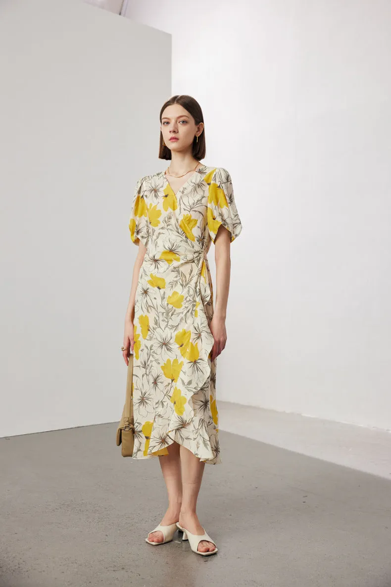 BestSelling Vintage Elegant Floral Printing Pleated Silk V-Neck Dress  Limited Stock!