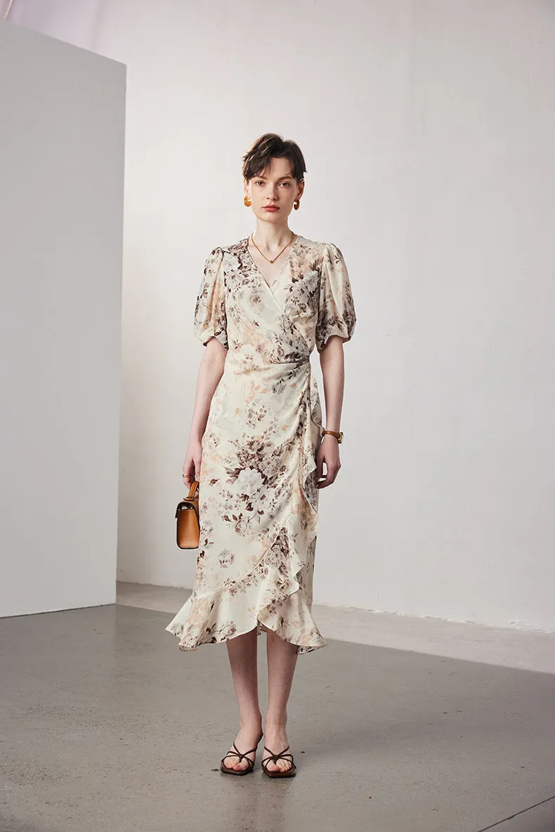 BestSelling Vintage Elegant Floral Printing Pleated Silk V-Neck Dress  Limited Stock!