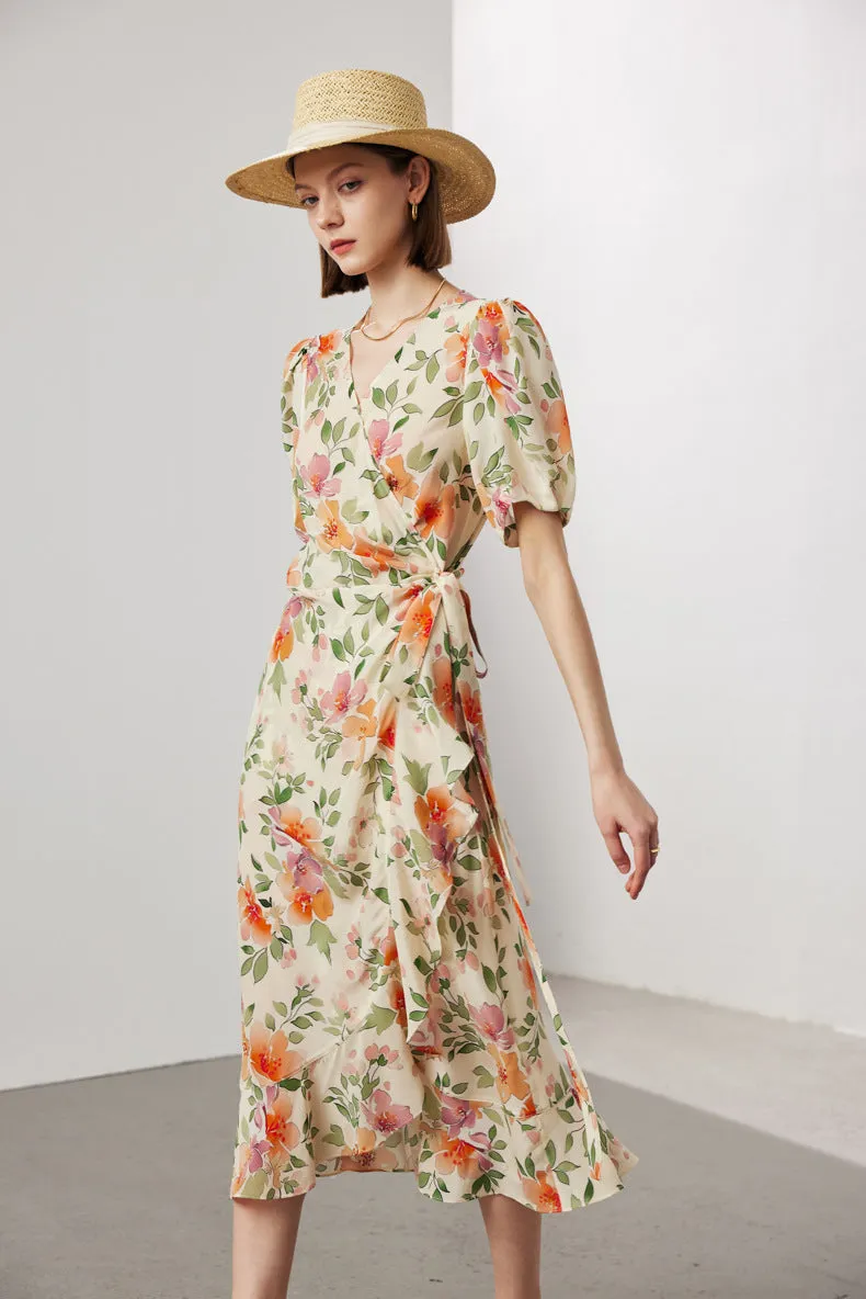 BestSelling Vintage Elegant Floral Printing Pleated Silk V-Neck Dress  Limited Stock!