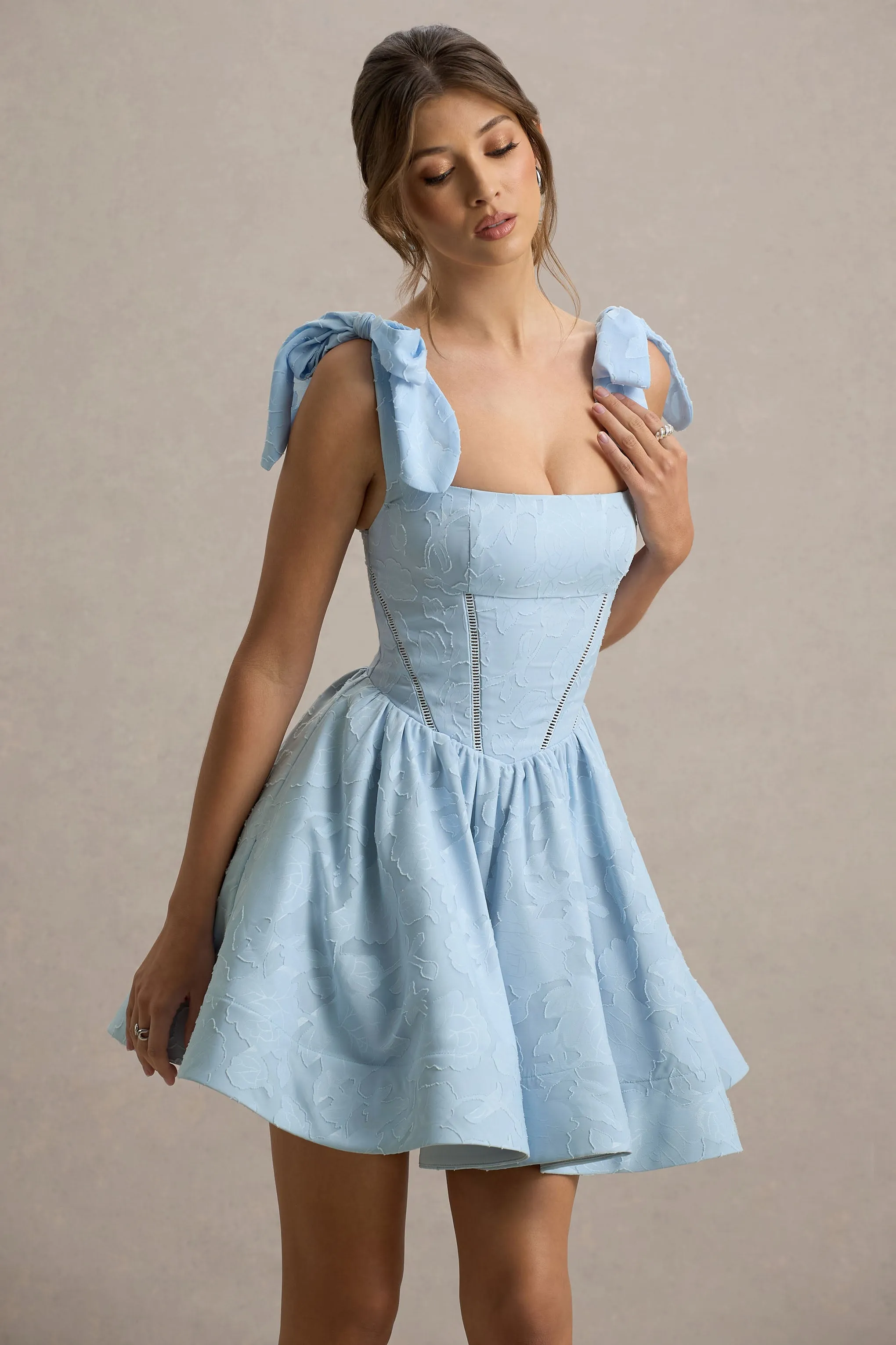 Bethani | Light Blue Skater Mini Dress With Bow Straps Club L London