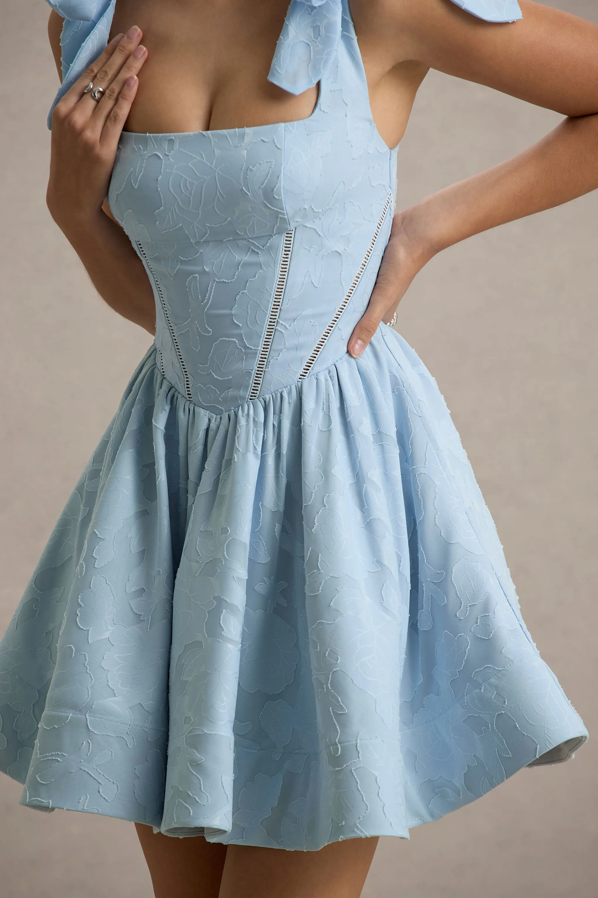 Bethani | Light Blue Skater Mini Dress With Bow Straps Club L London