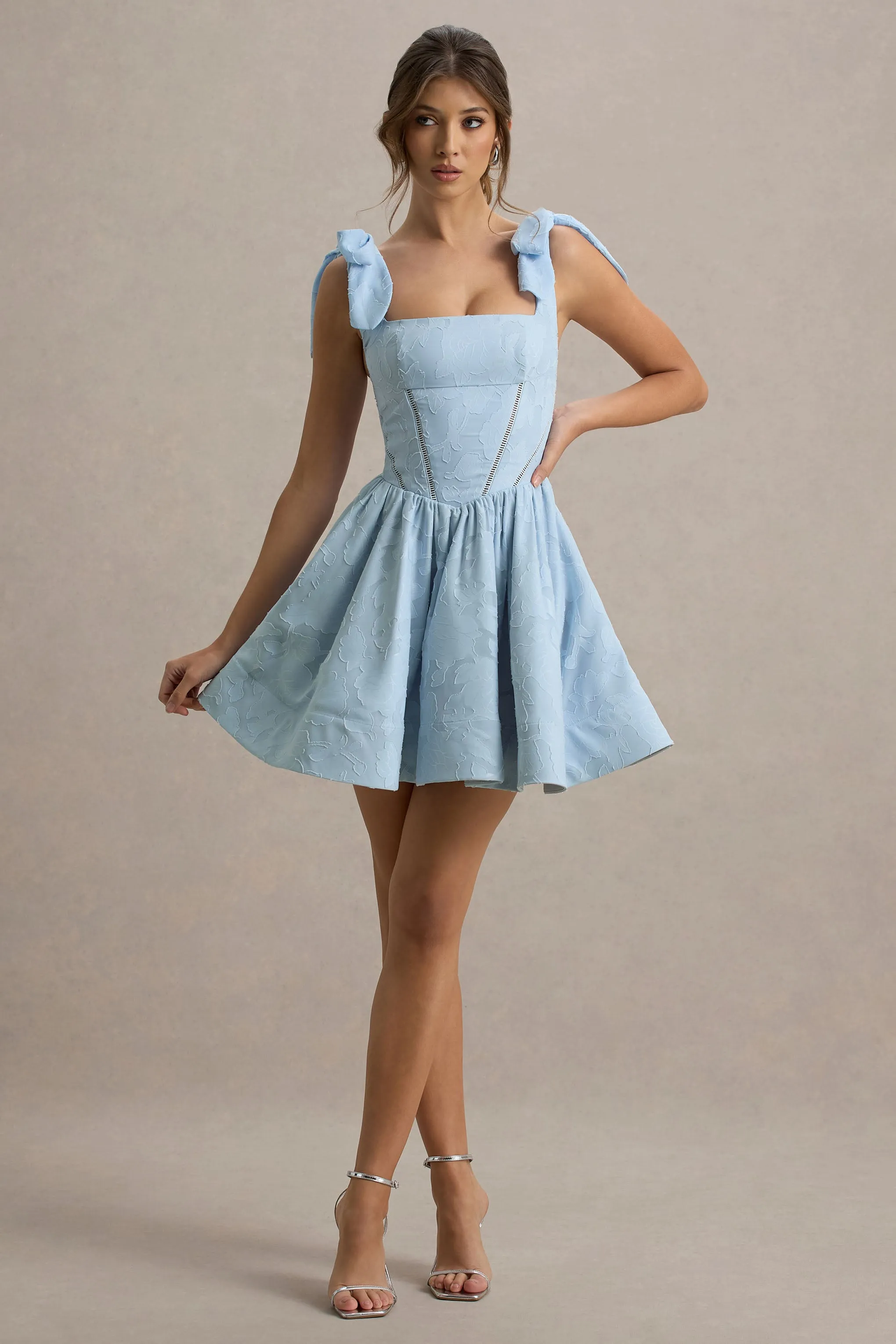 Bethani | Light Blue Skater Mini Dress With Bow Straps Club L London