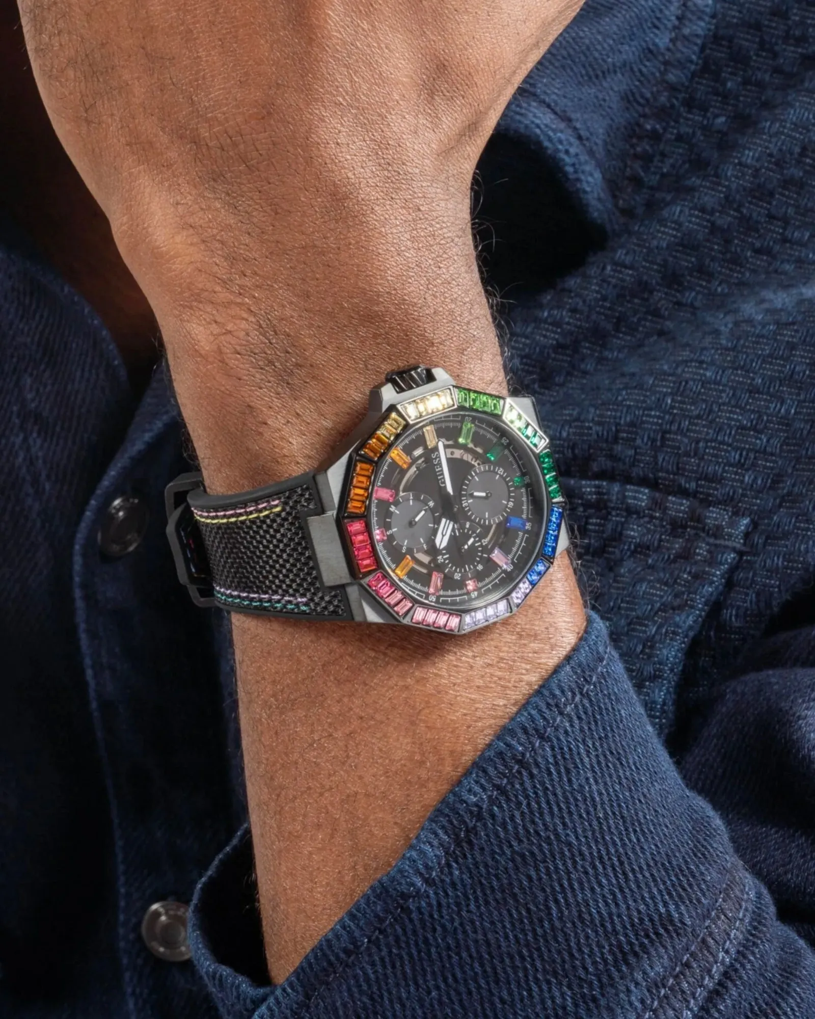 Black Energy Multi Crystal Silicone Watch Guess