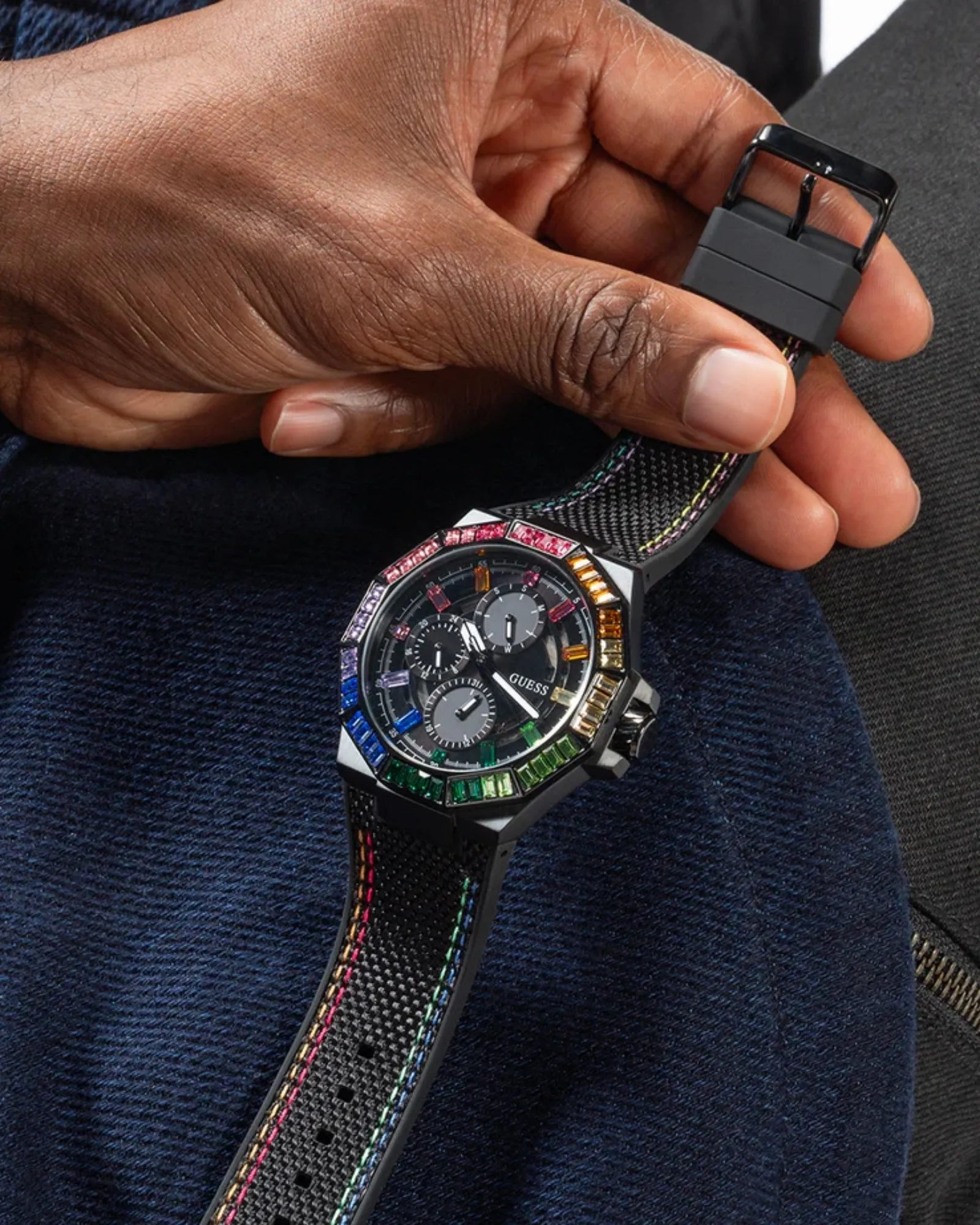 Black Energy Multi Crystal Silicone Watch Guess