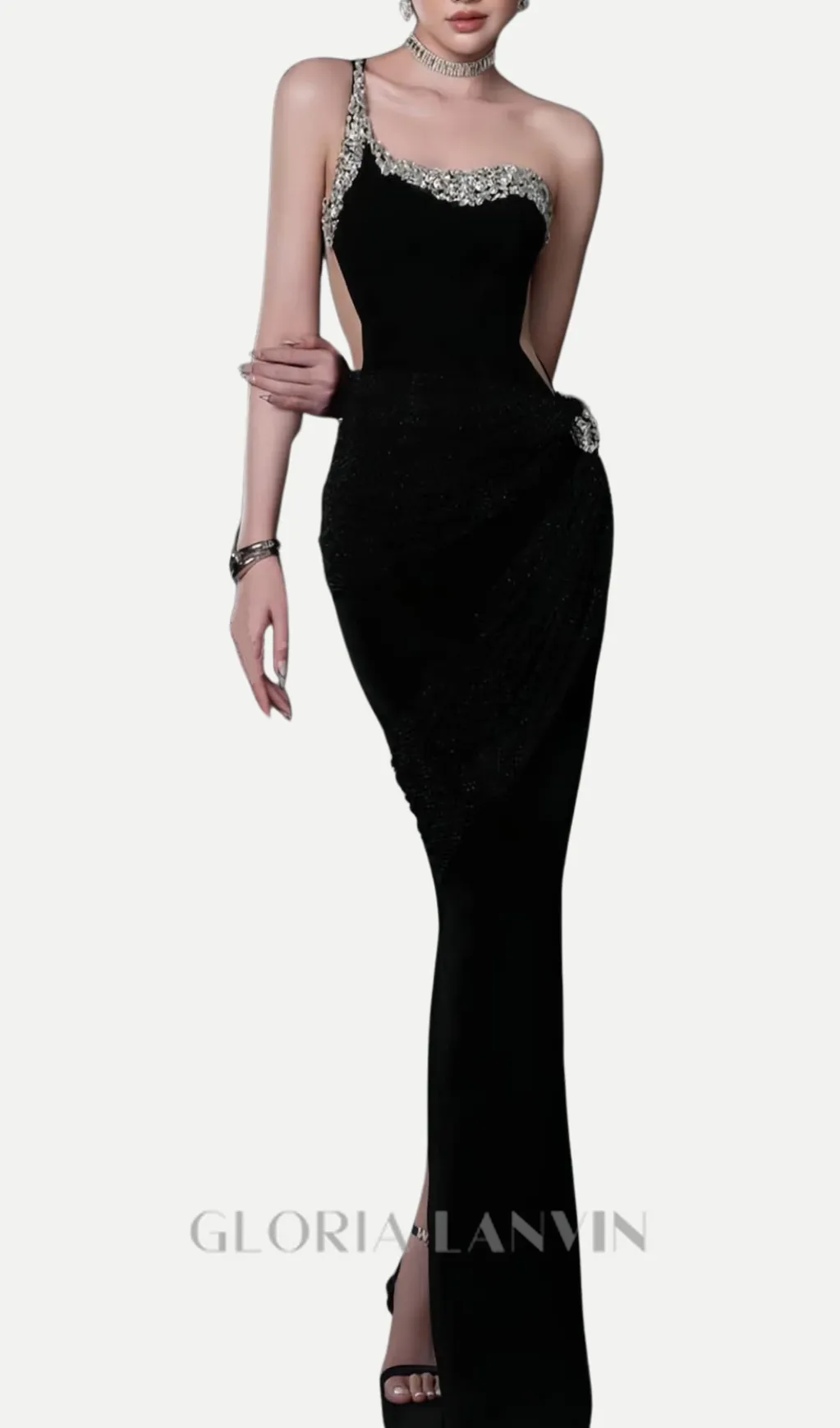 black one-shoulder diamonds bandage maxi dress Gloria Lanvin