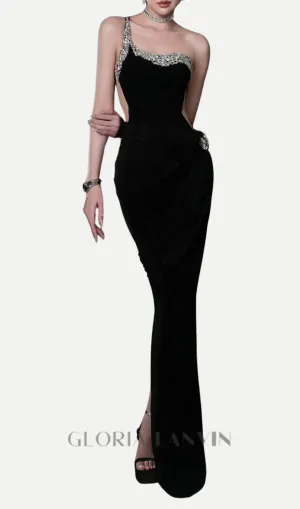 black one-shoulder diamonds bandage maxi dress Gloria Lanvin