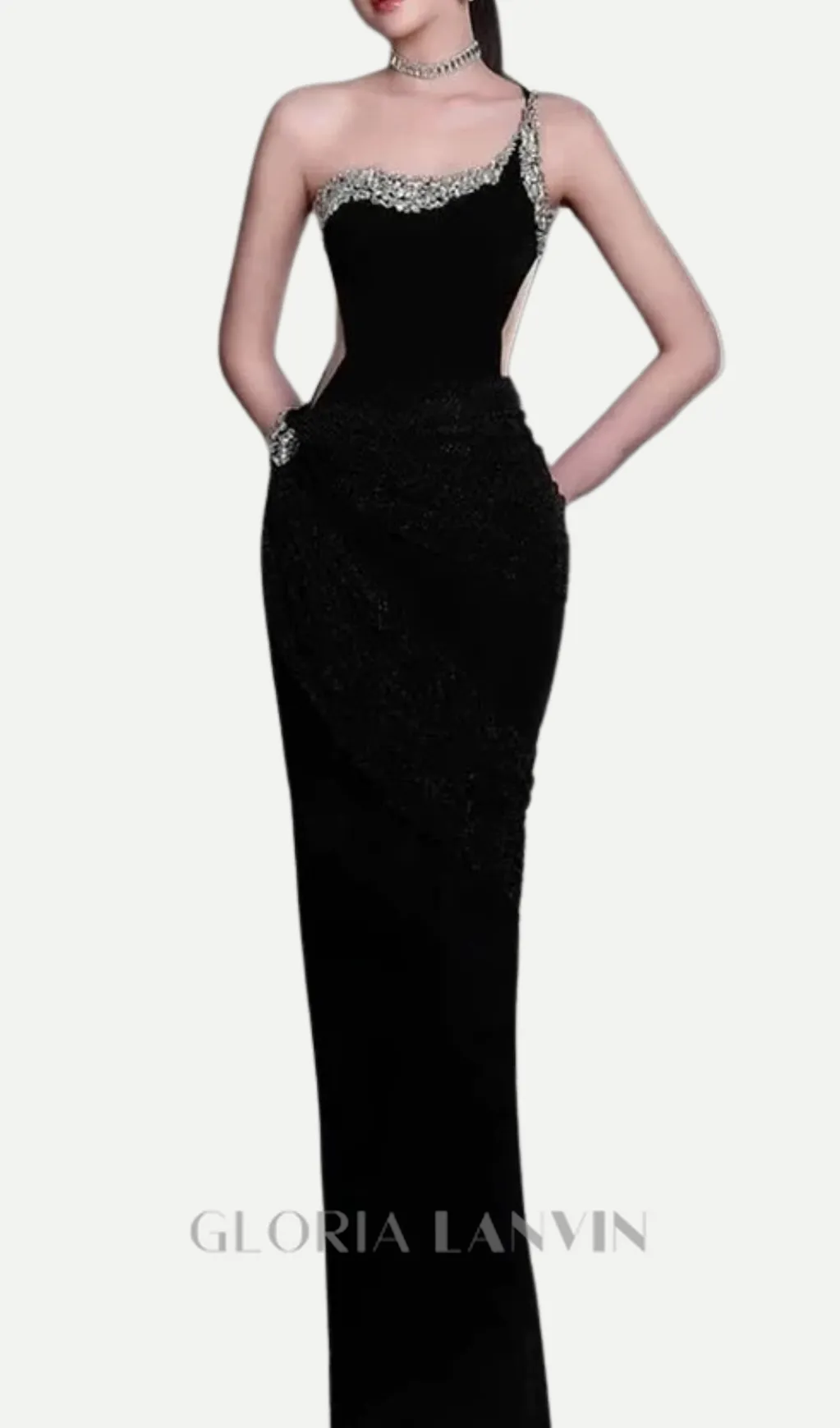 black one-shoulder diamonds bandage maxi dress Gloria Lanvin