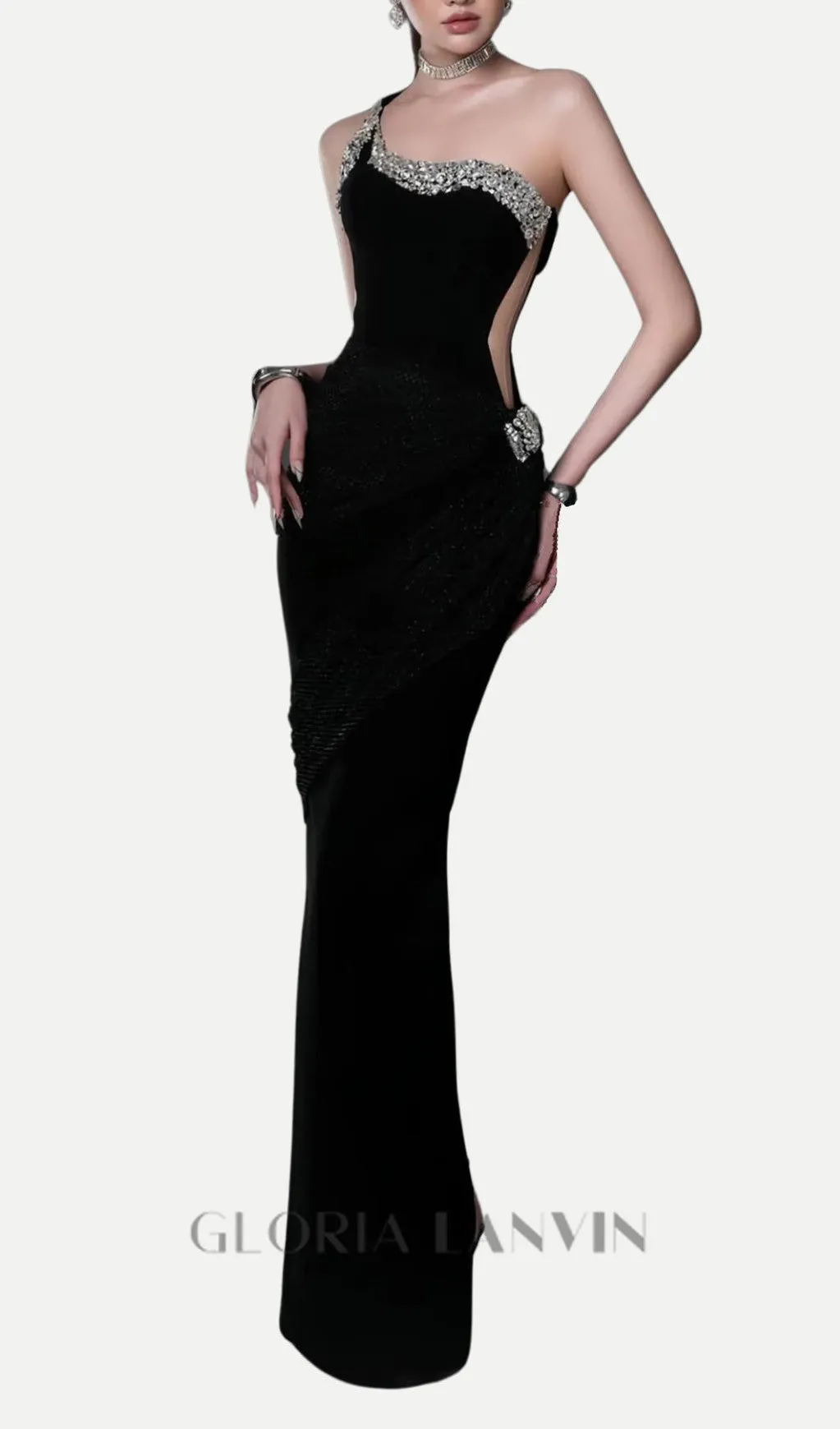 black one-shoulder diamonds bandage maxi dress Gloria Lanvin
