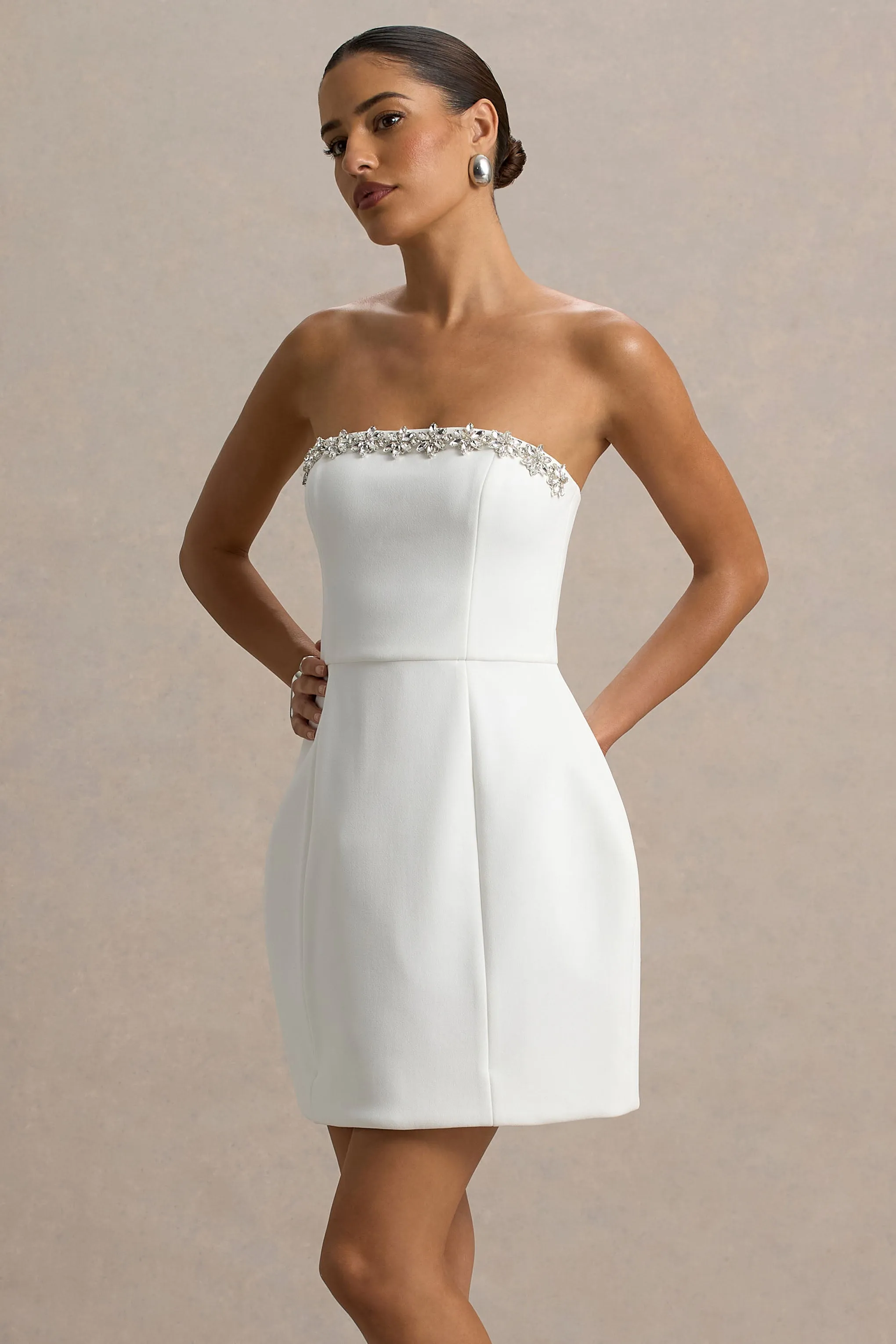 Bobbie | White Embellished Bandeau Mini Dress Club L London