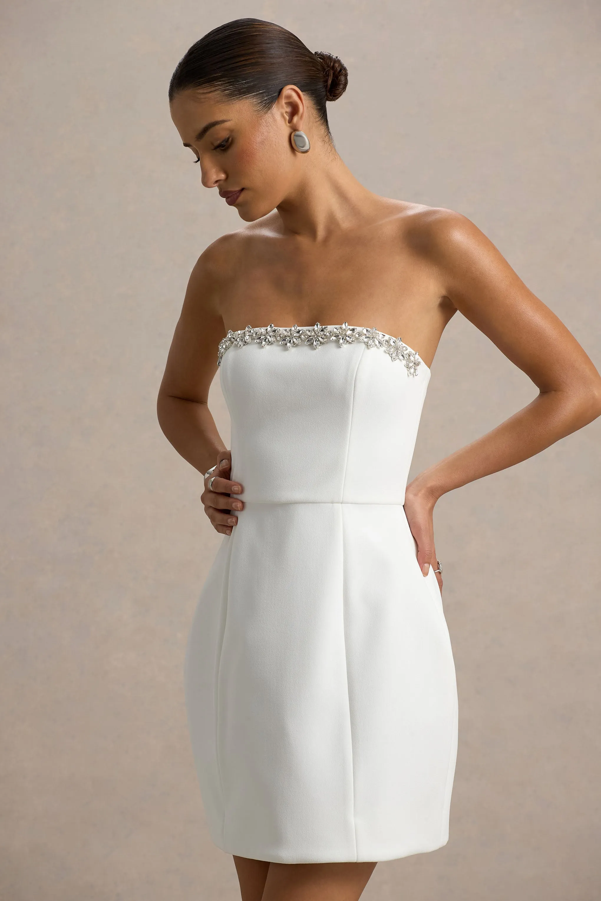 Bobbie | White Embellished Bandeau Mini Dress Club L London