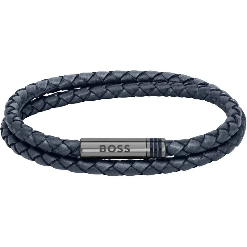 Boss Jewellery Mens Navy Blue Leather Bracelet 1580494M