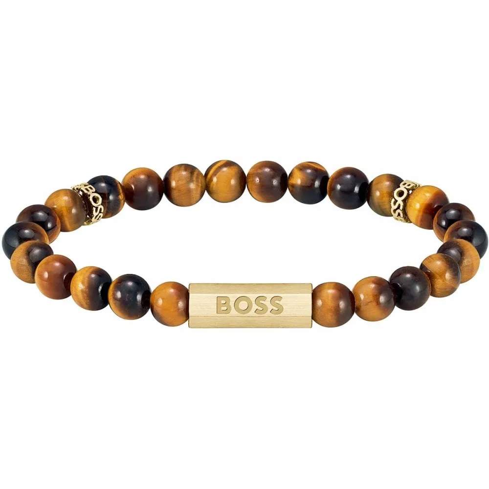 Boss Jewellery Mens Sphere Stones Tigers Eye Beaded Bracelet 1580661M
