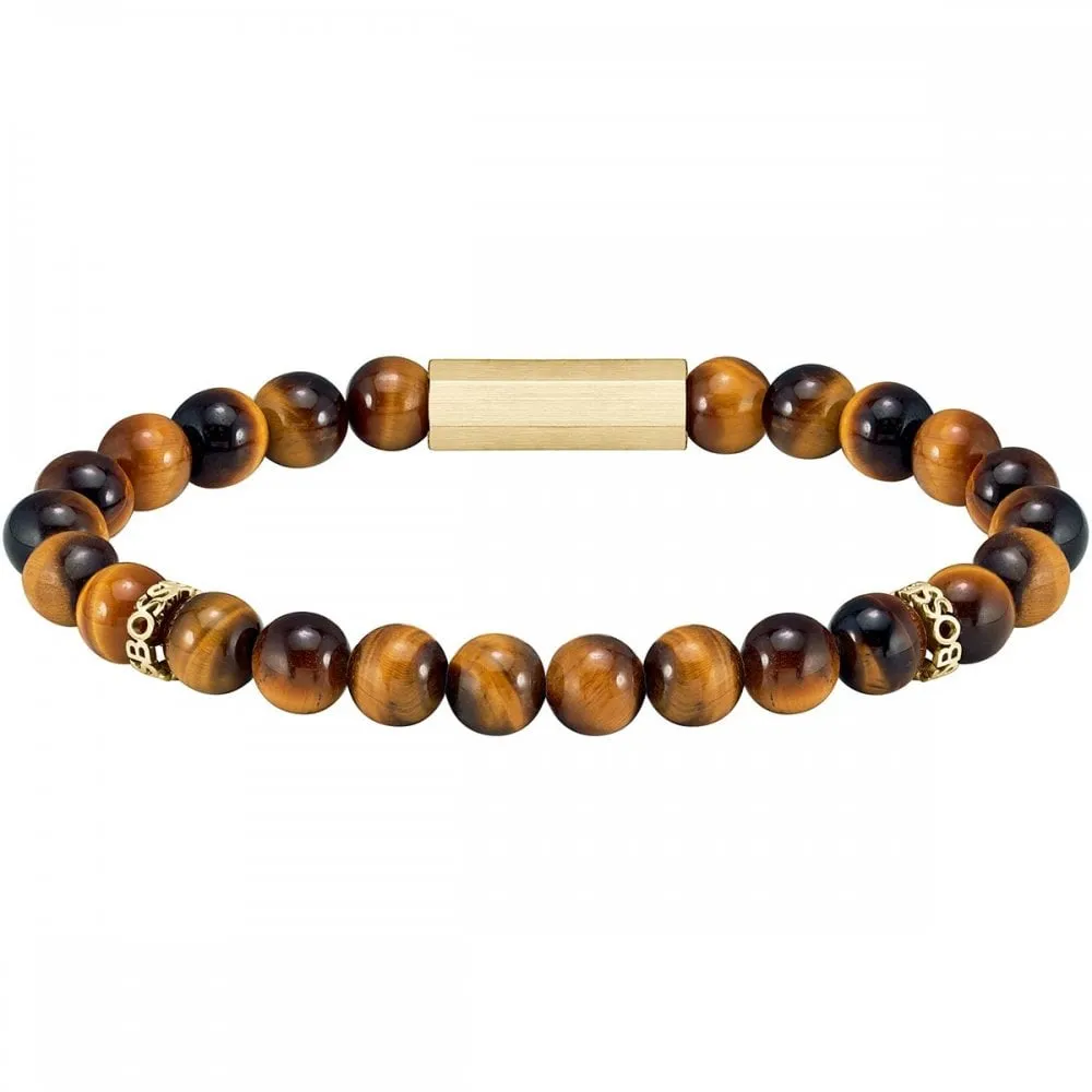 Boss Jewellery Mens Sphere Stones Tigers Eye Beaded Bracelet 1580661M
