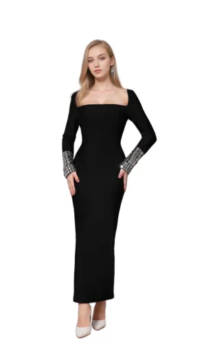 breenda square neck diamond tight bandage maxi dress in black Gloria Lanvin