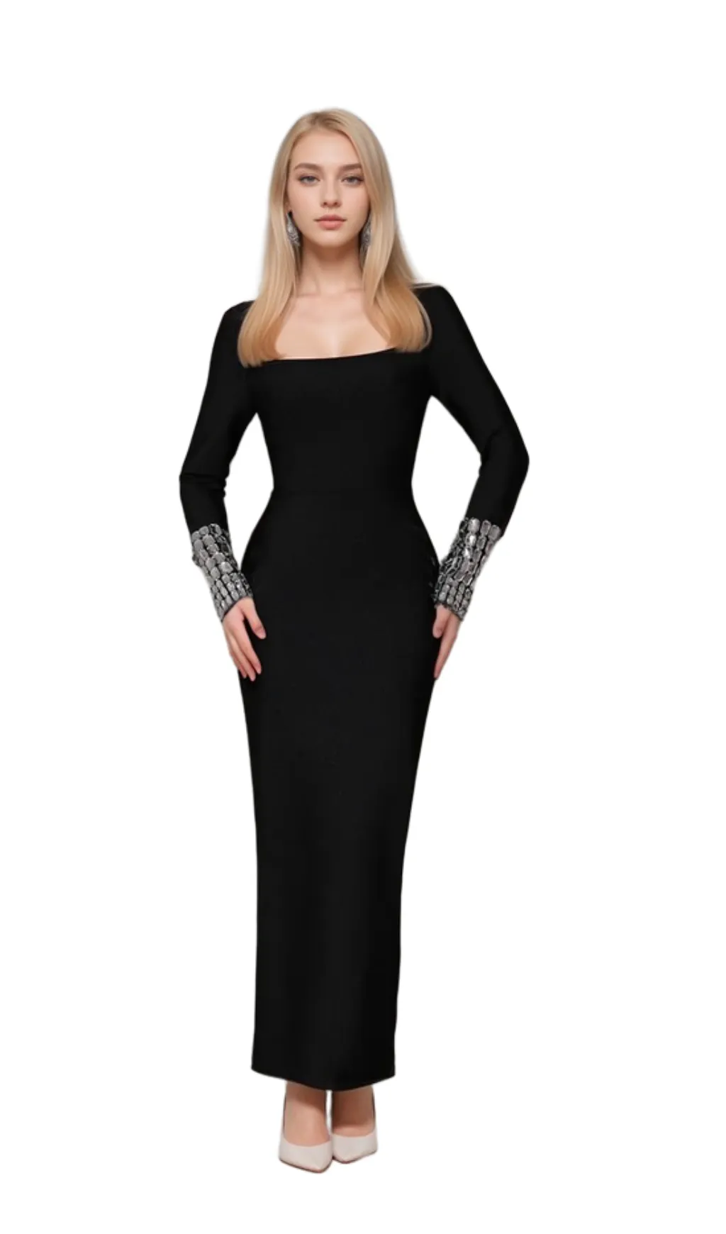 breenda square neck diamond tight bandage maxi dress in black Gloria Lanvin