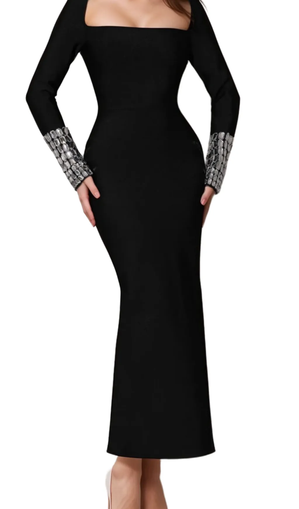 breenda square neck diamond tight bandage maxi dress in black Gloria Lanvin