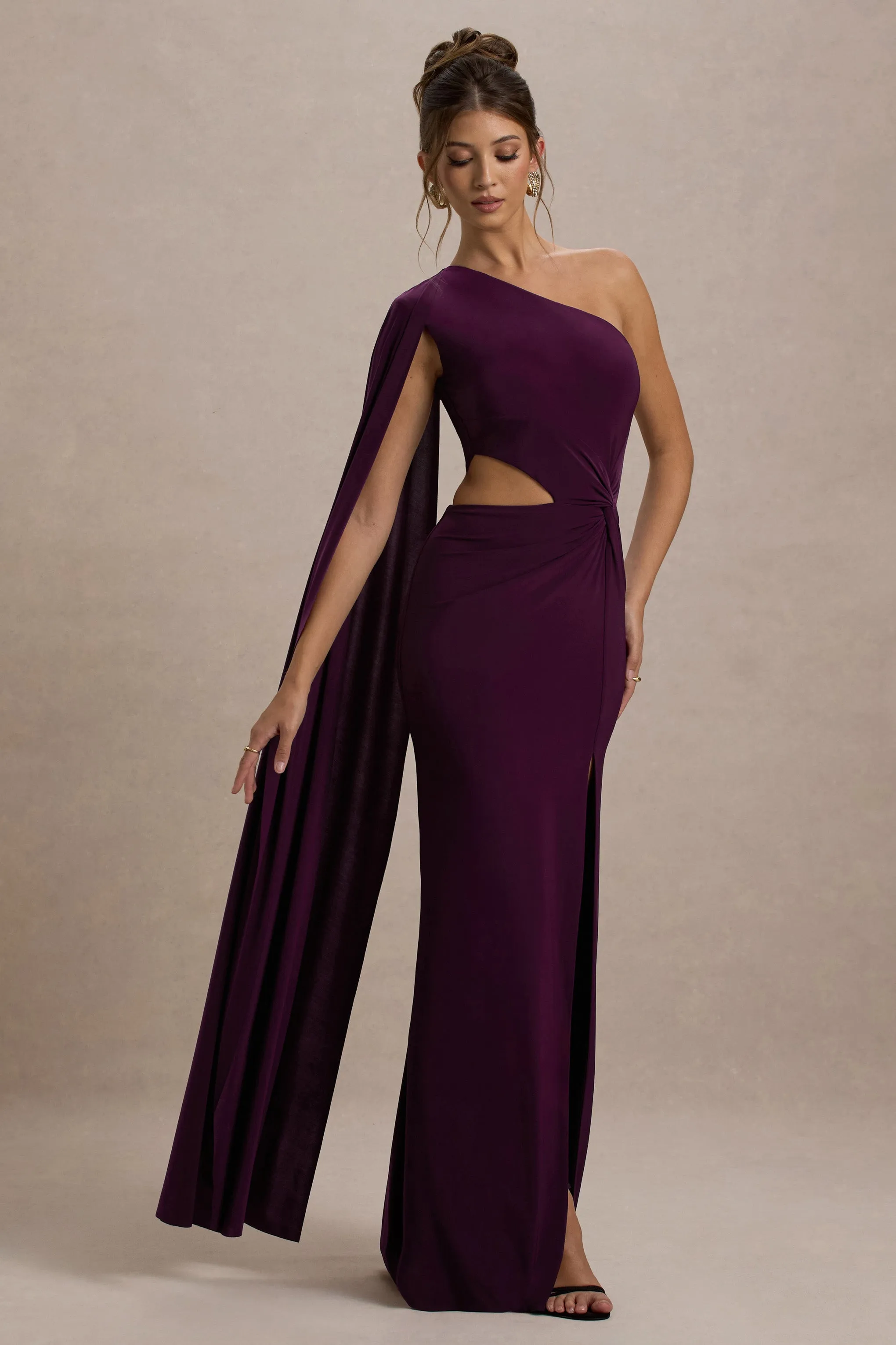 Brona | Plum One-Shoulder Cape-Sleeve Split Maxi Dress Club L London