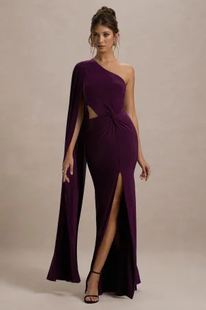 Brona | Plum One-Shoulder Cape-Sleeve Split Maxi Dress Club L London