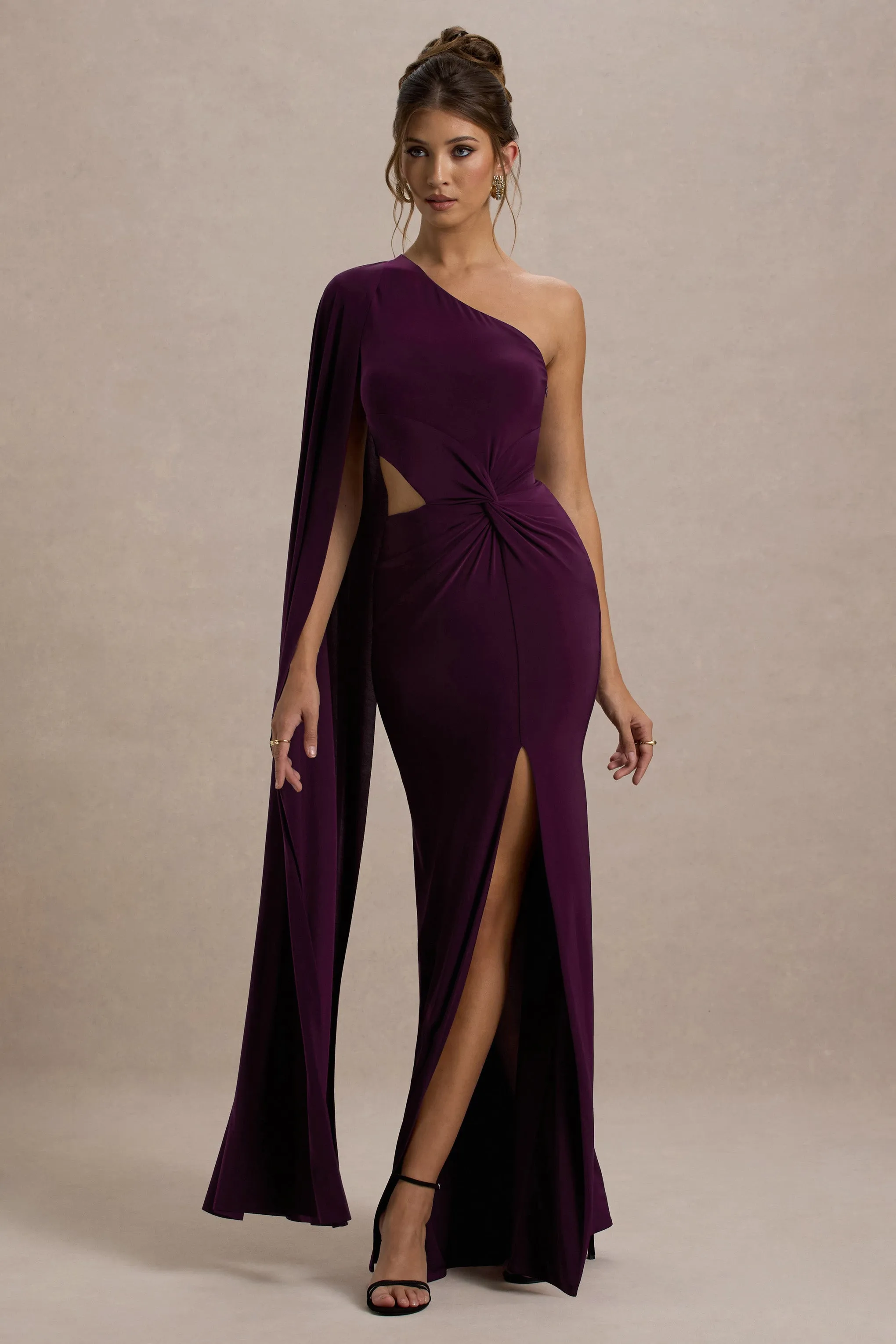 Brona | Plum One-Shoulder Cape-Sleeve Split Maxi Dress Club L London