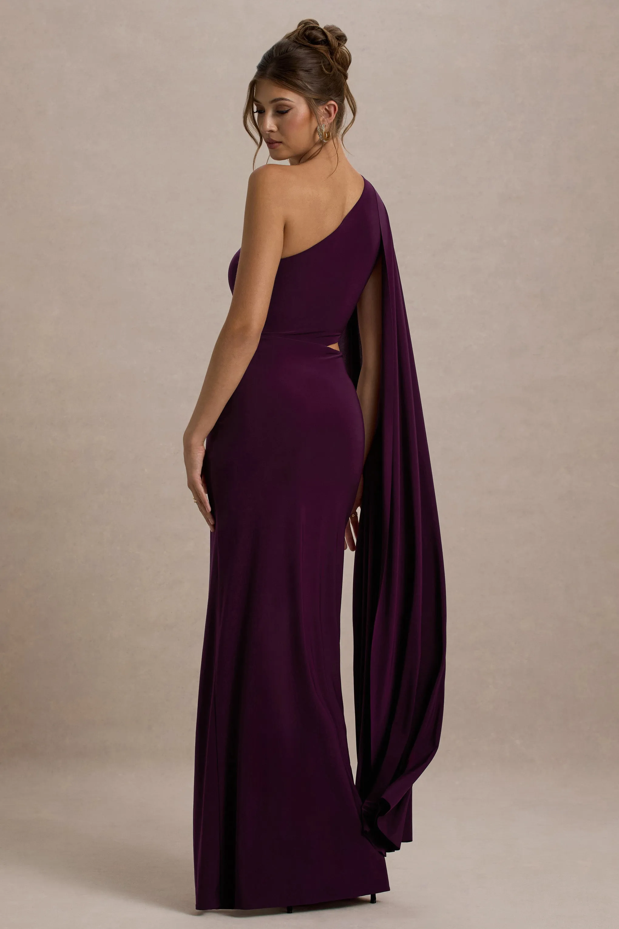 Brona | Plum One-Shoulder Cape-Sleeve Split Maxi Dress Club L London