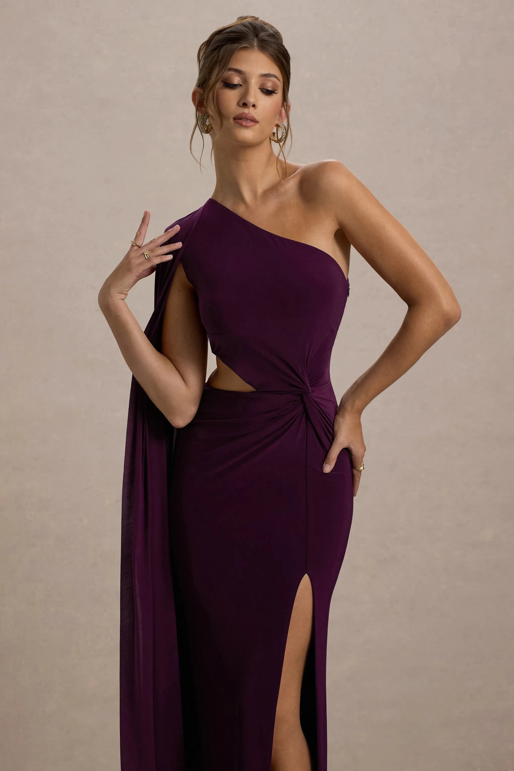 Brona | Plum One-Shoulder Cape-Sleeve Split Maxi Dress Club L London