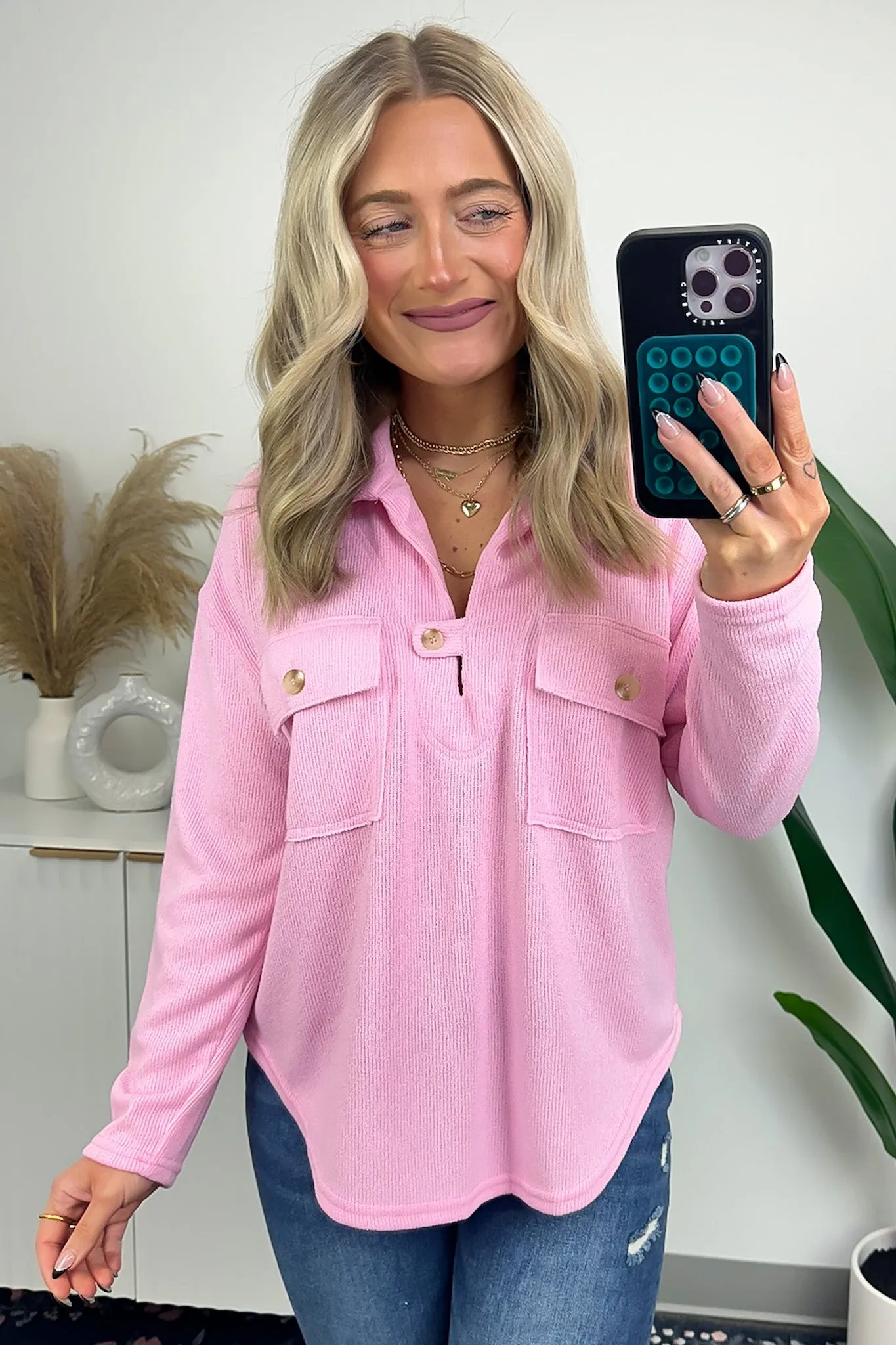 Cardonah V-Neck Tab Button Top - FINAL SALE