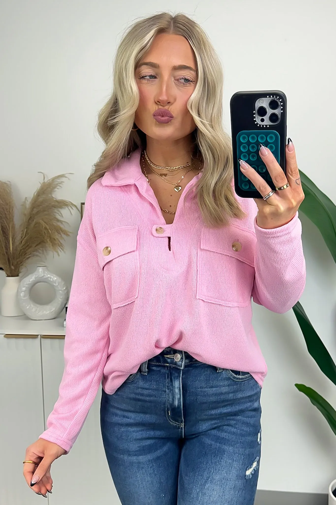 Cardonah V-Neck Tab Button Top - FINAL SALE