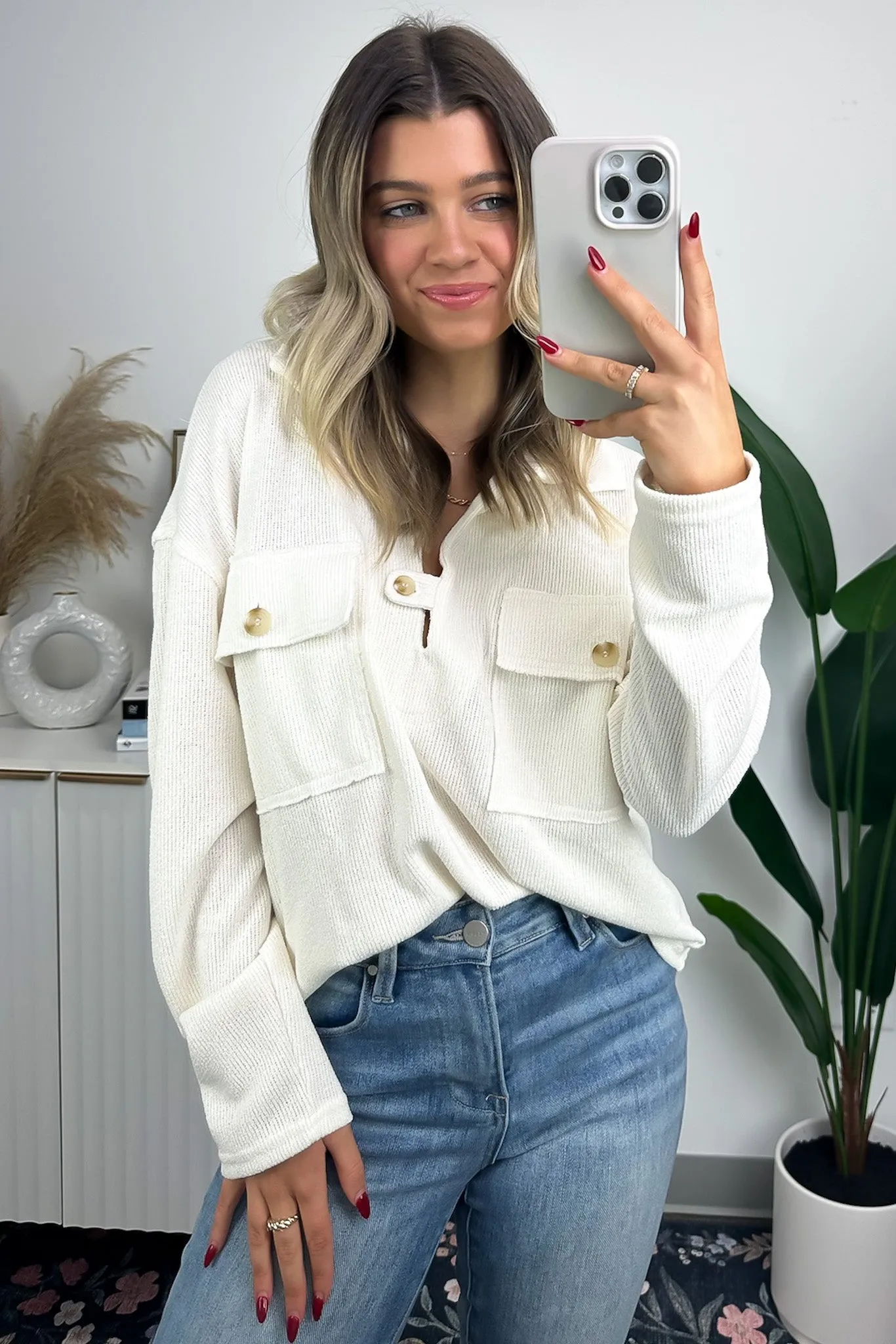 Cardonah V-Neck Tab Button Top - FINAL SALE