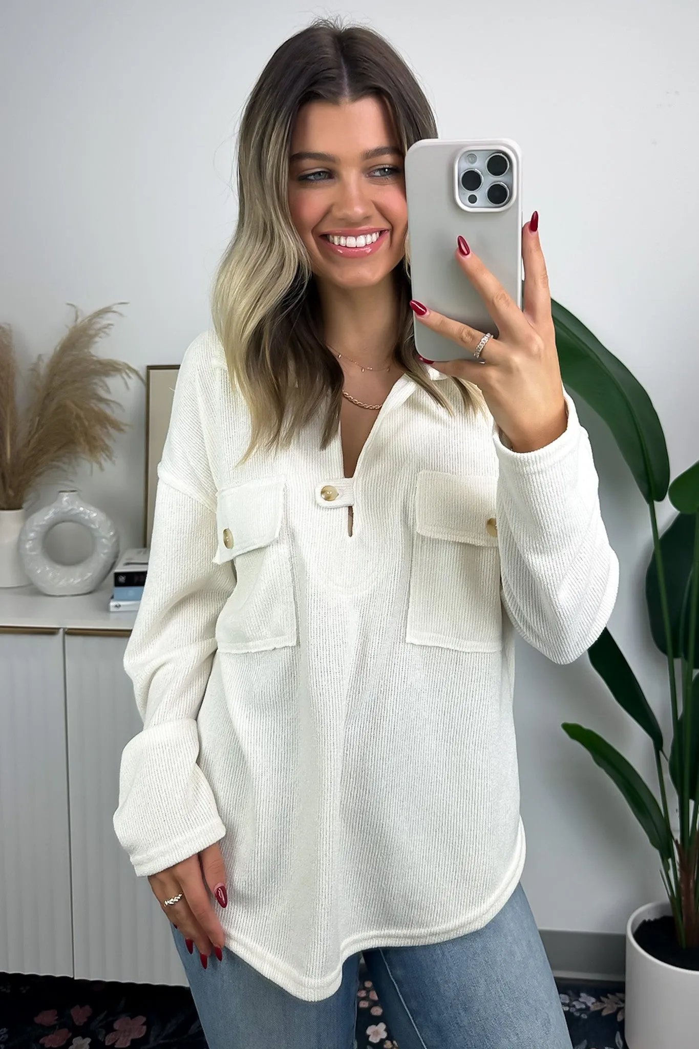 Cardonah V-Neck Tab Button Top - FINAL SALE