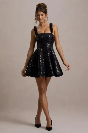 Carena | Black Sequin Lace Floral Skater Mini Dress Club L London
