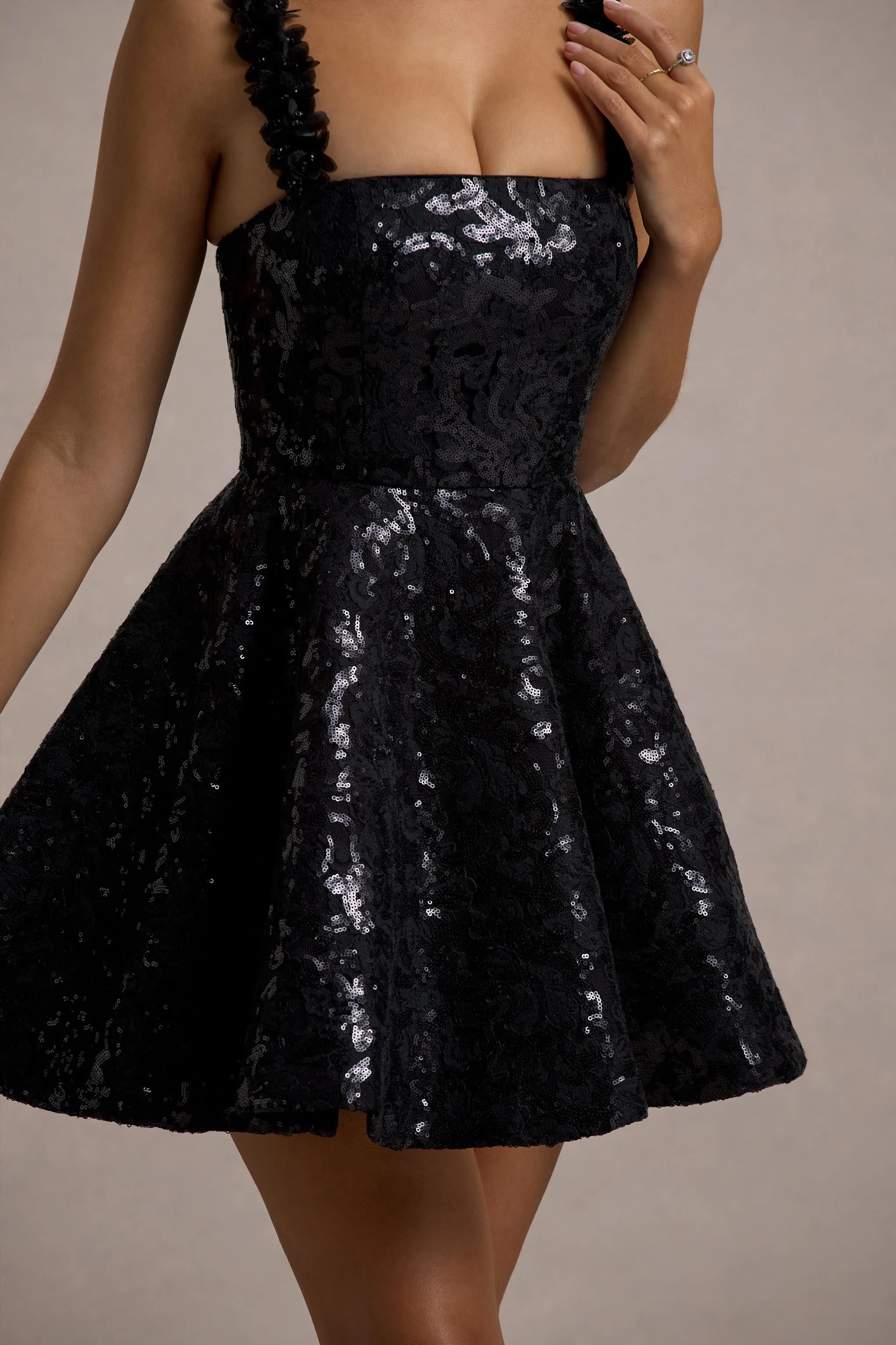 Carena | Black Sequin Lace Floral Skater Mini Dress Club L London