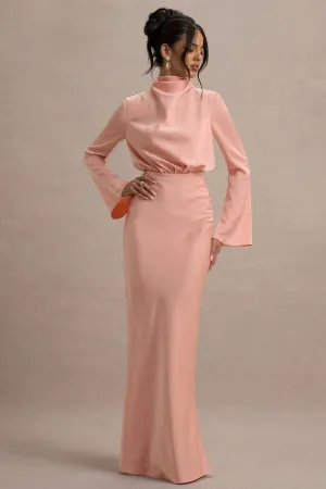 Celina | Light Pink Satin High-Neck Maxi Dress Club L London