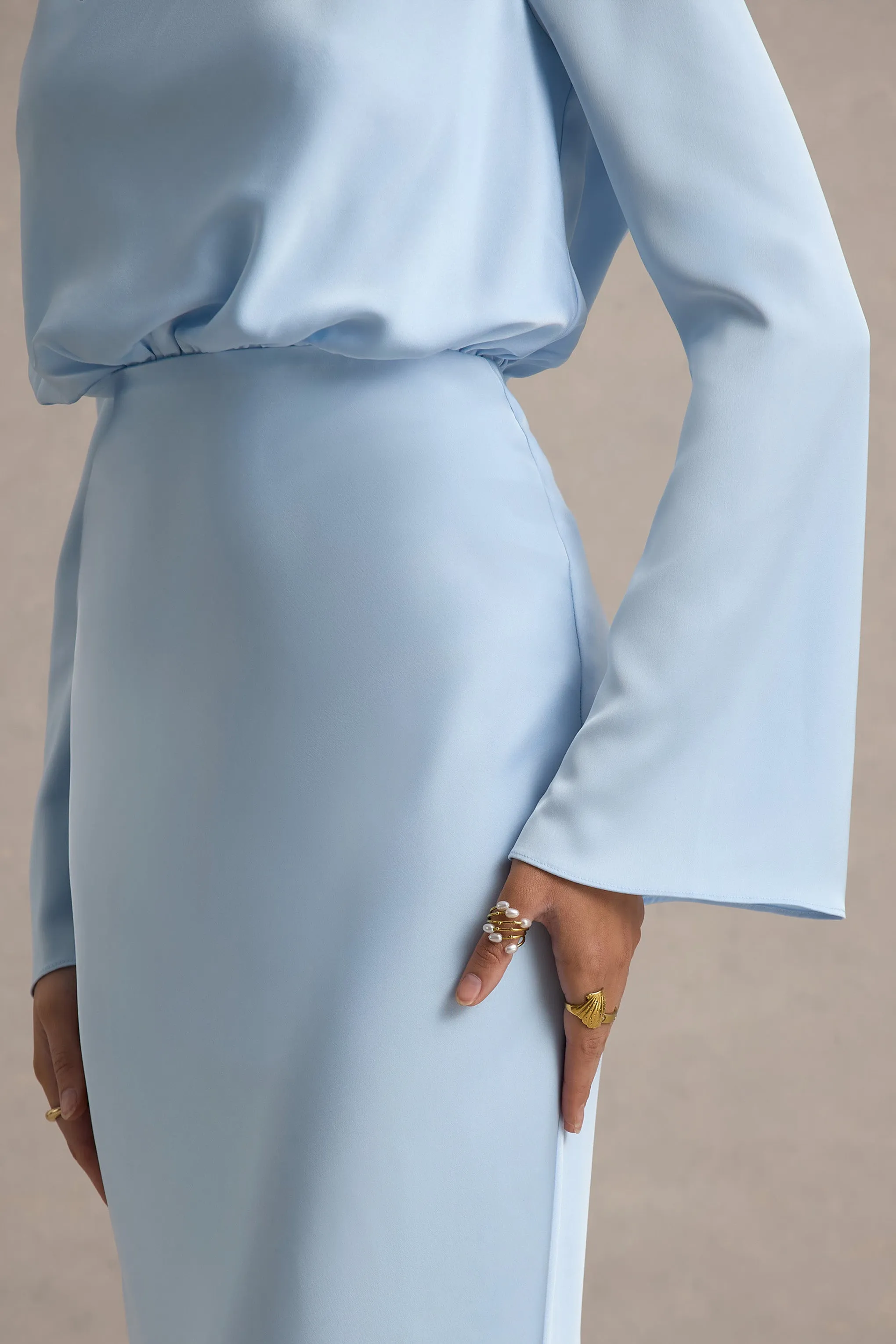 Celina | Powder Blue Satin High-Neck Maxi Dress Club L London