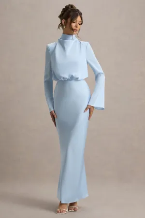 Celina | Powder Blue Satin High-Neck Maxi Dress Club L London