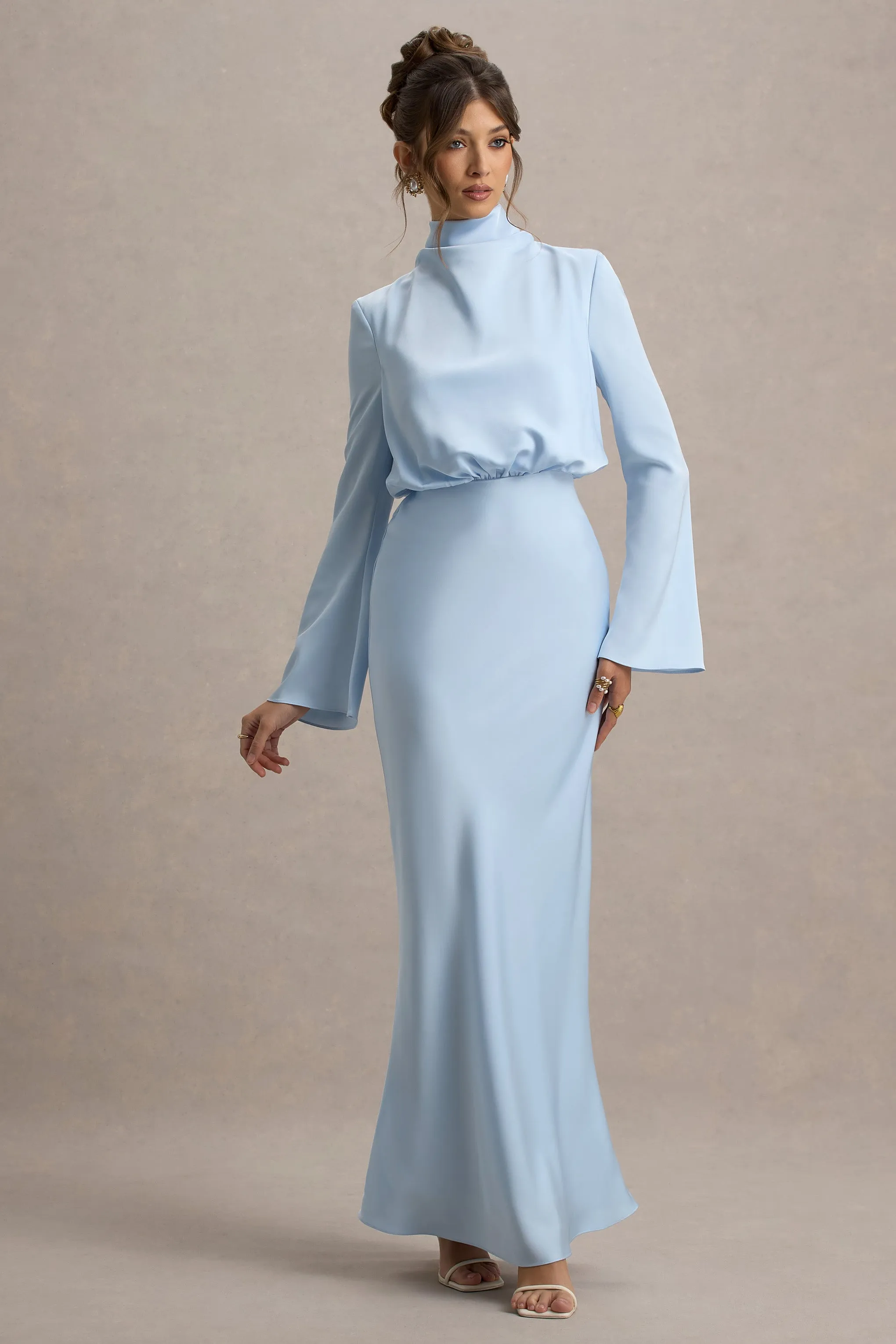 Celina | Powder Blue Satin High-Neck Maxi Dress Club L London