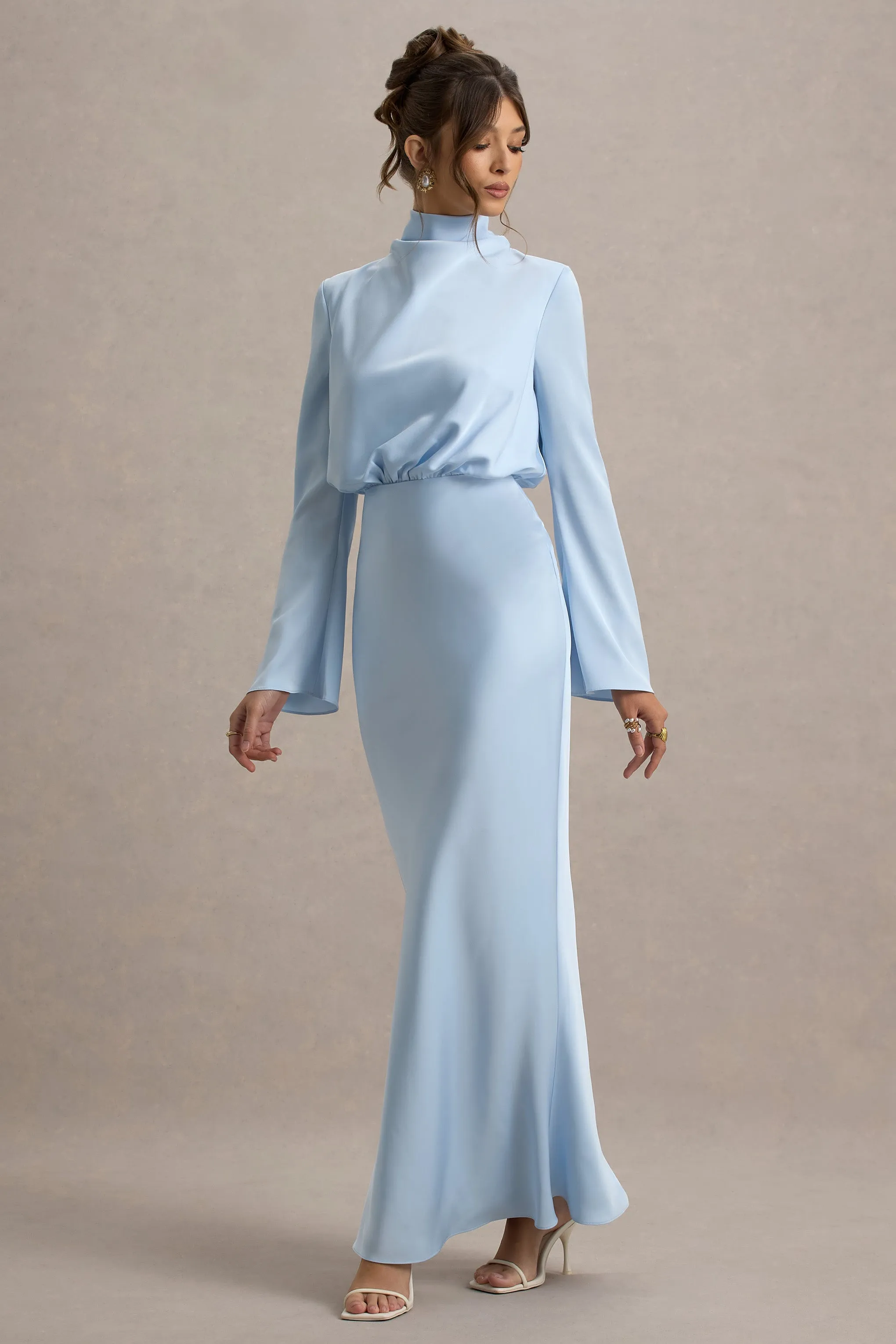 Celina | Powder Blue Satin High-Neck Maxi Dress Club L London