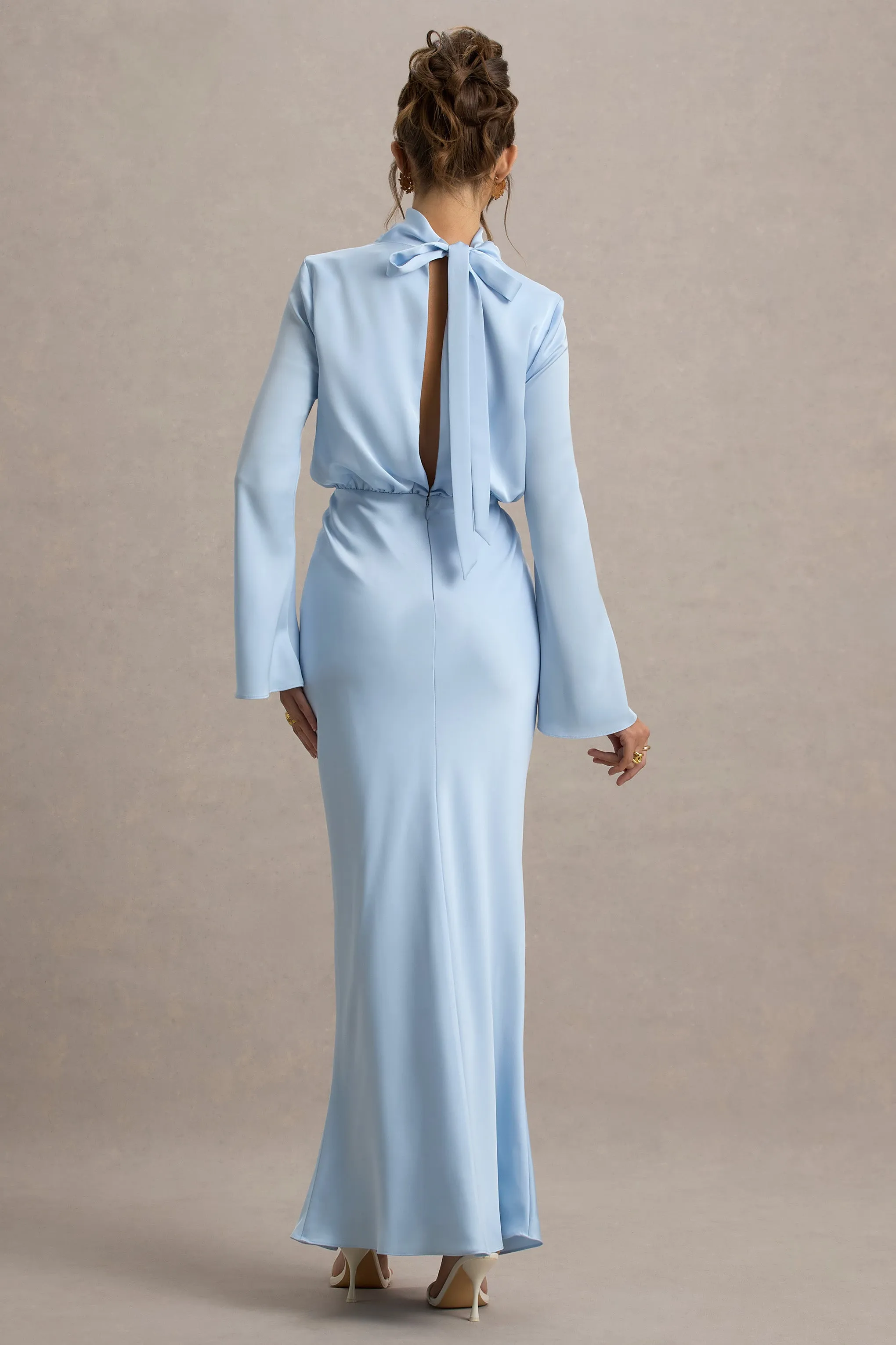 Celina | Powder Blue Satin High-Neck Maxi Dress Club L London