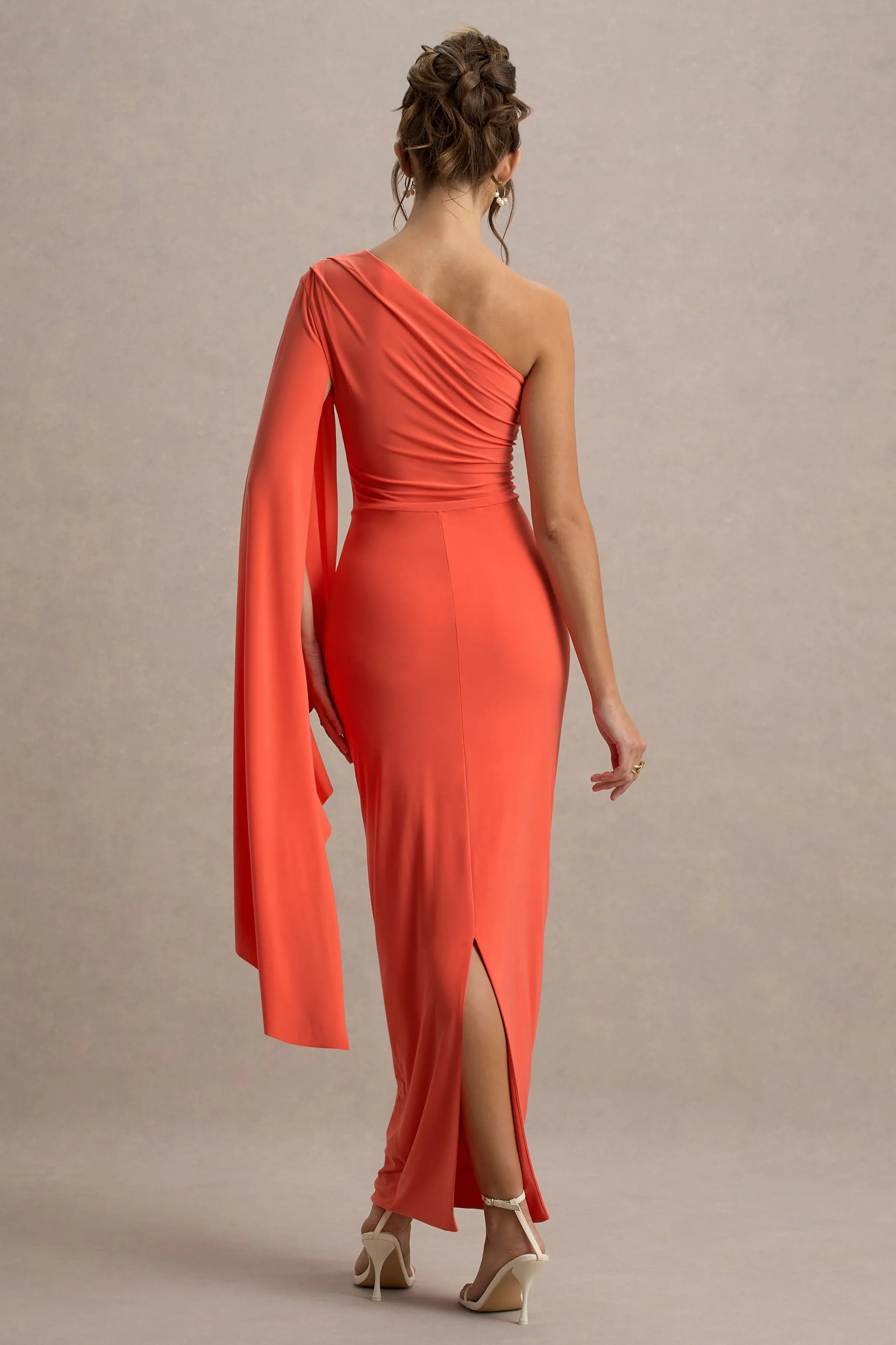 Clementina | Orange Asymmetric Cape Sleeve Maxi Dress Club L London