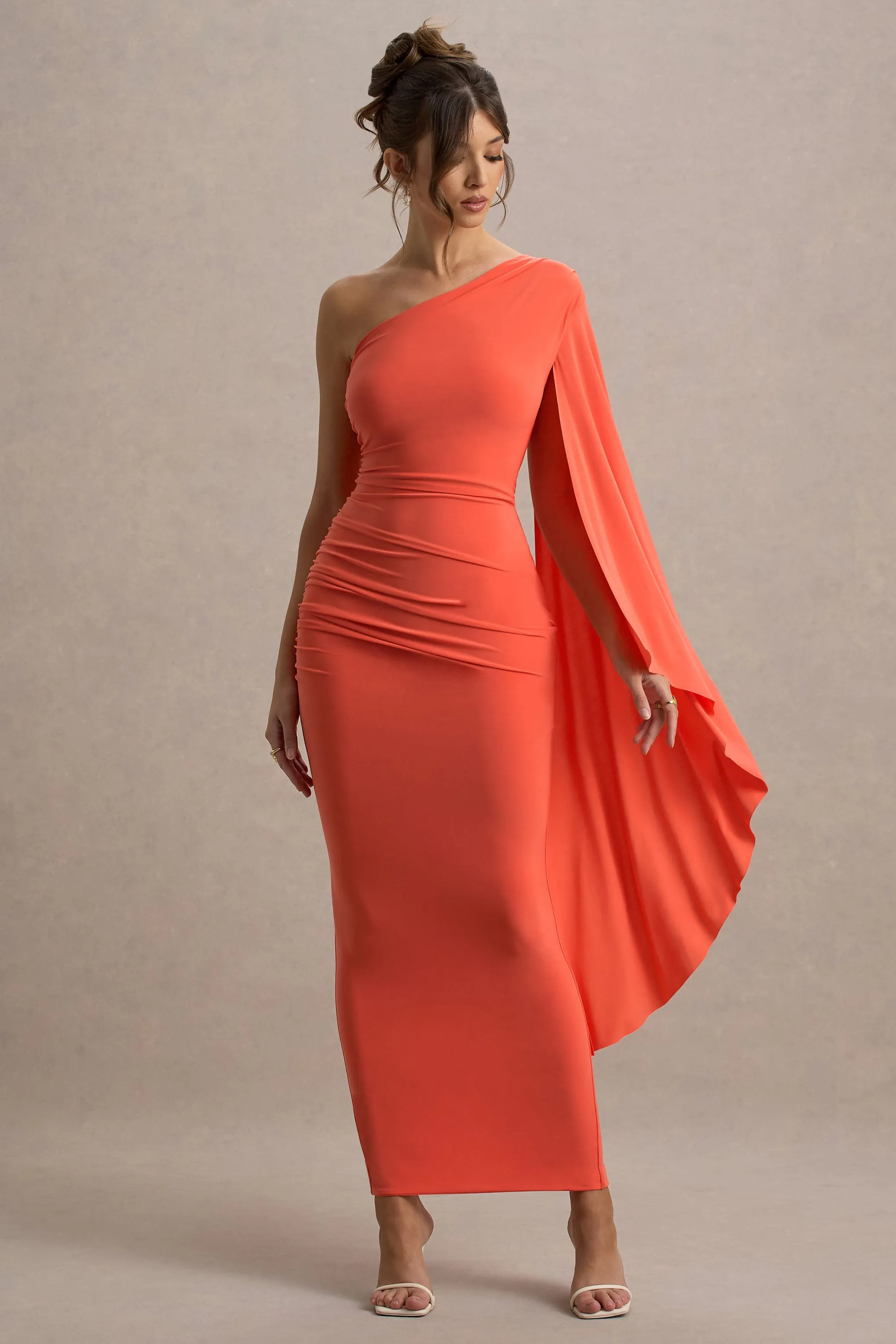 Clementina | Orange Asymmetric Cape Sleeve Maxi Dress Club L London